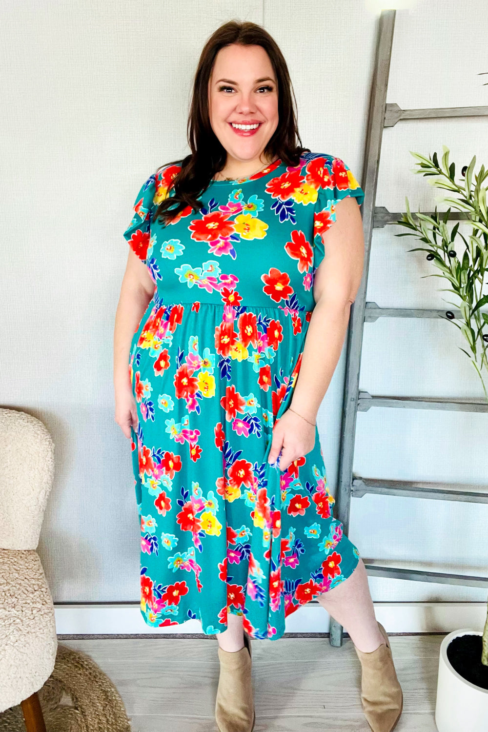 In Your Dreams Emerald Floral Print Folded Flutter Sleeve Midi Dress-Modish Lily, Tecumseh Michigan