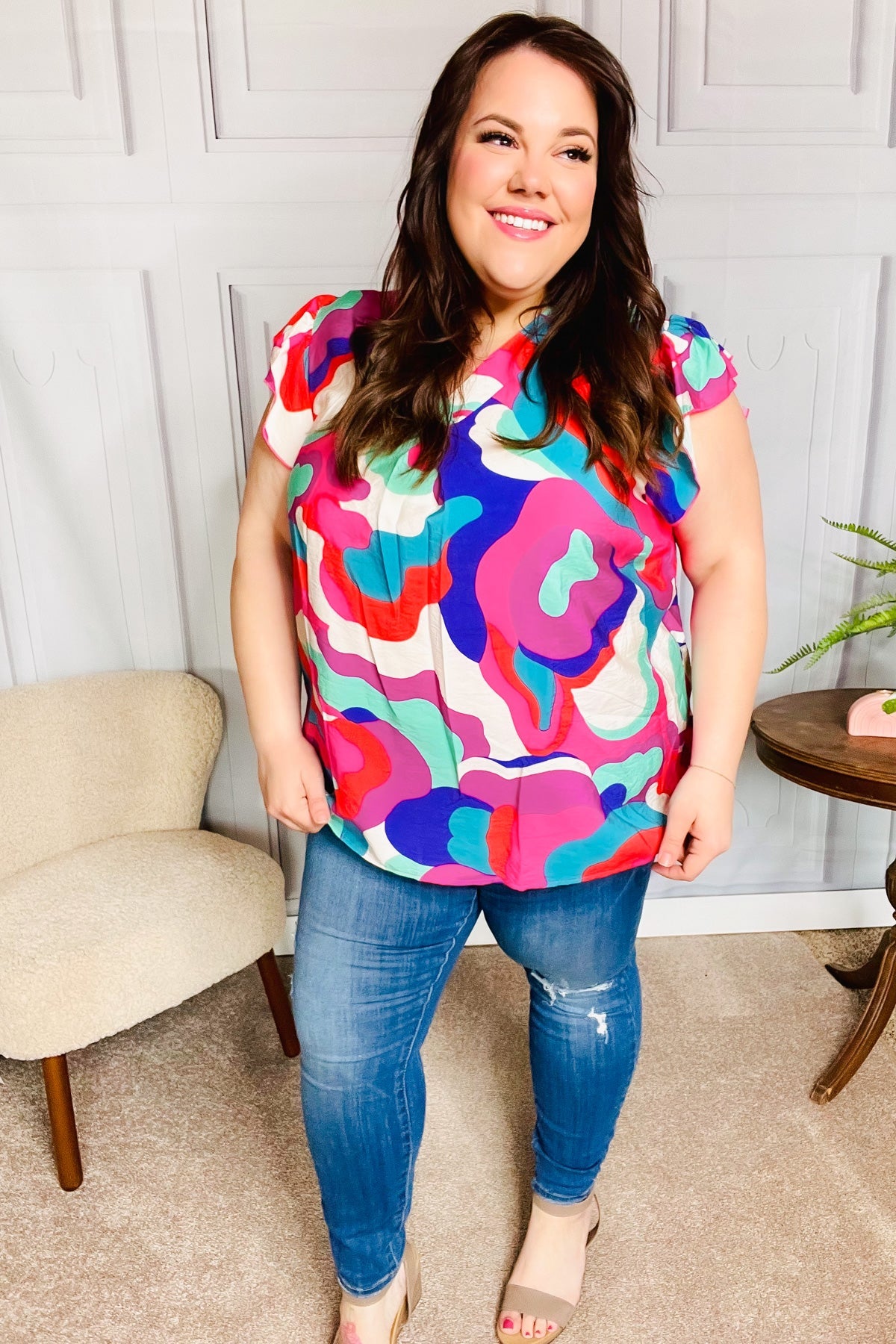 Find Yourself Fuchsia Geo Abstract V Neck Flutter Sleeve Top-Modish Lily, Tecumseh Michigan