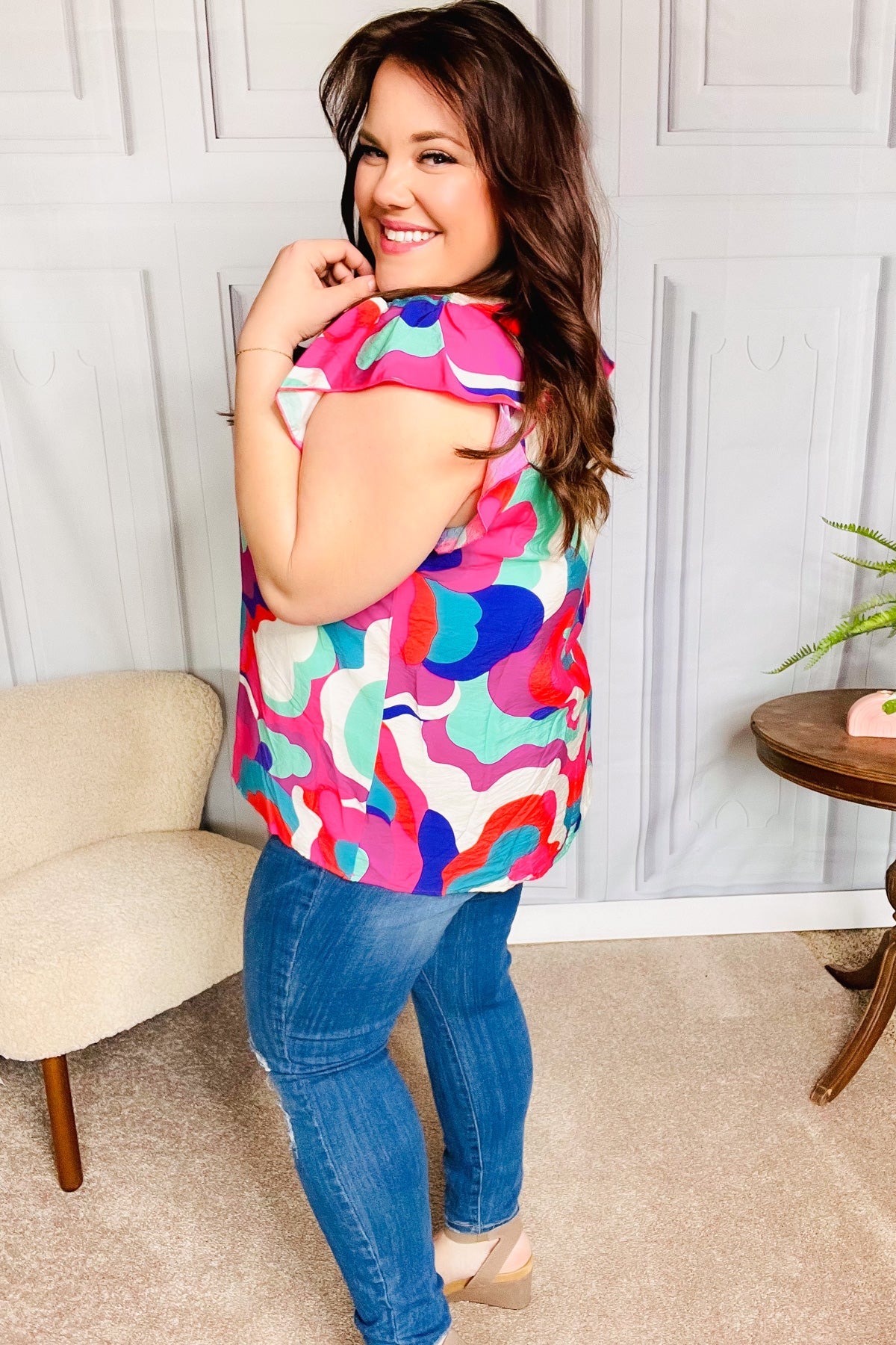 Find Yourself Fuchsia Geo Abstract V Neck Flutter Sleeve Top-Modish Lily, Tecumseh Michigan