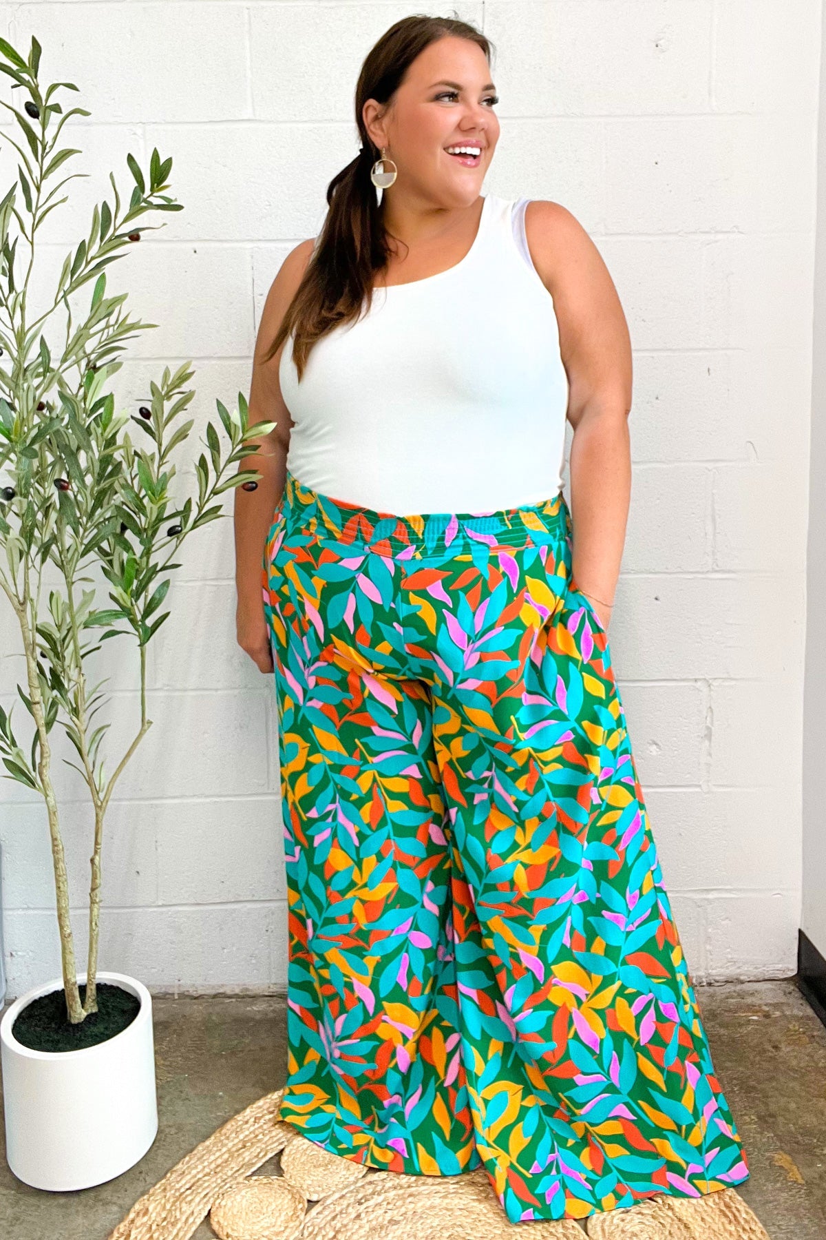 Summer Vibes Green & Orange Abstract Print Smocked Palazzo Pants-2024 Summer Blow Out Sale-Modish Lily, Tecumseh Michigan