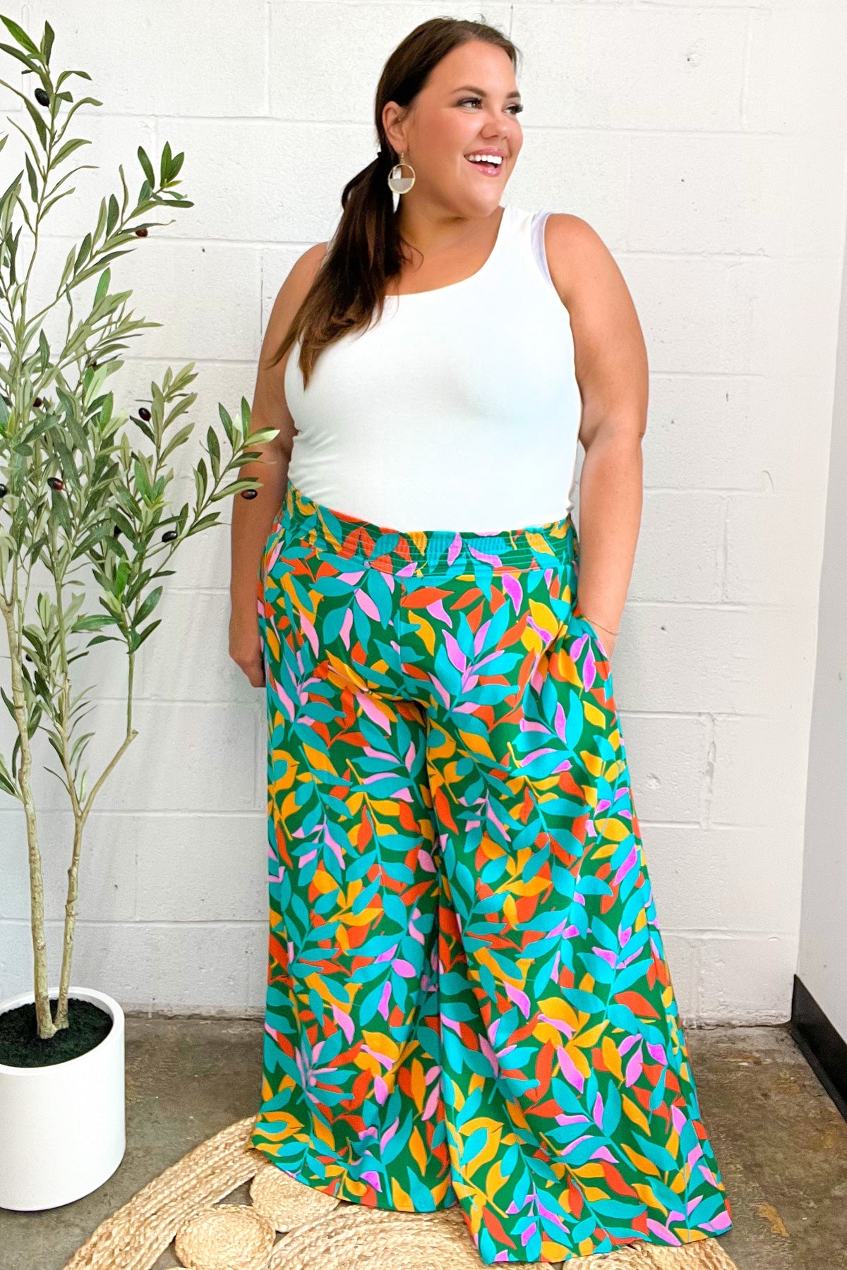 Summer Vibes Green & Orange Abstract Print Smocked Palazzo Pants-2024 Summer Blow Out Sale-Modish Lily, Tecumseh Michigan