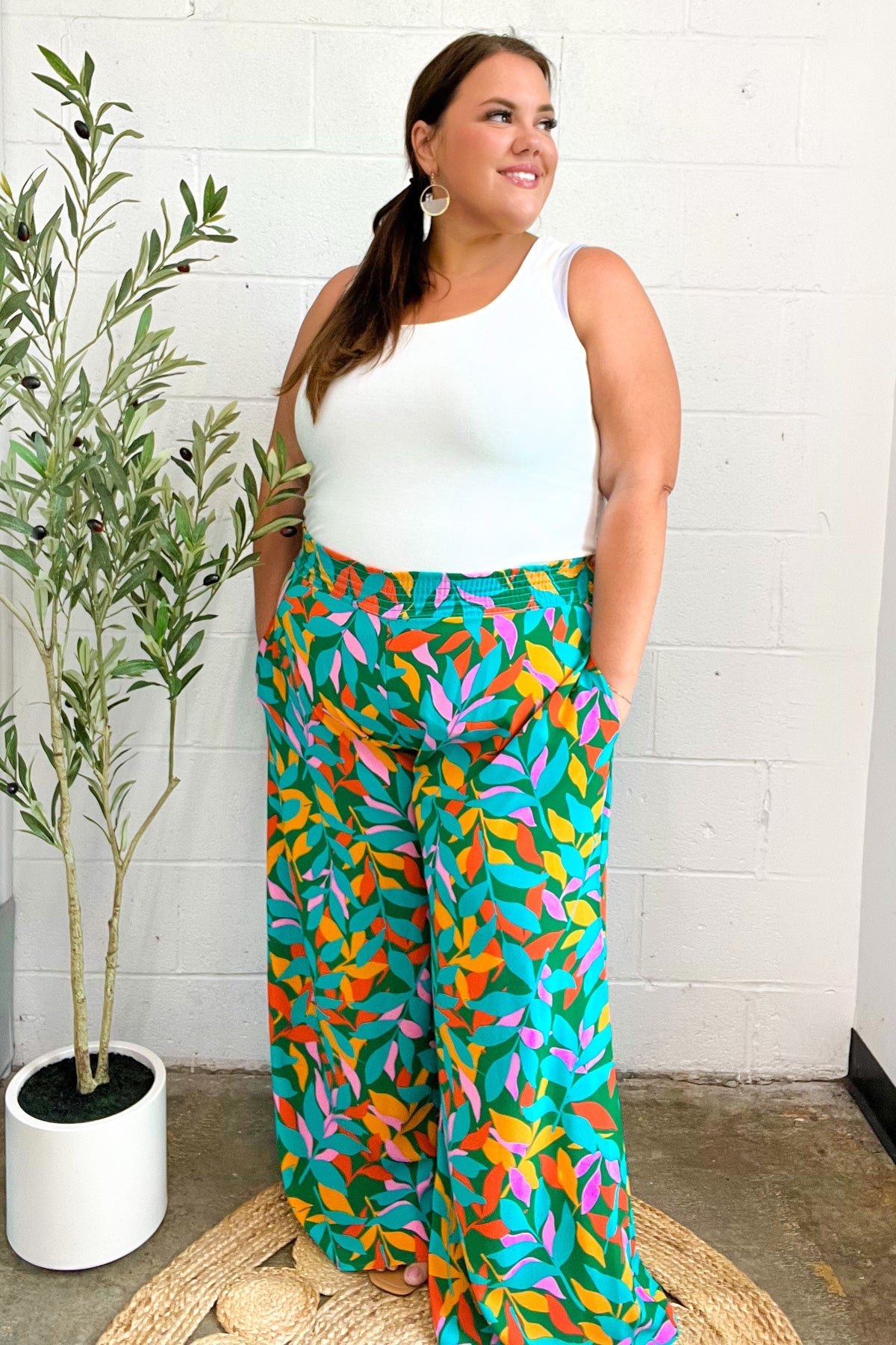 Summer Vibes Green & Orange Abstract Print Smocked Palazzo Pants-2024 Summer Blow Out Sale-Modish Lily, Tecumseh Michigan