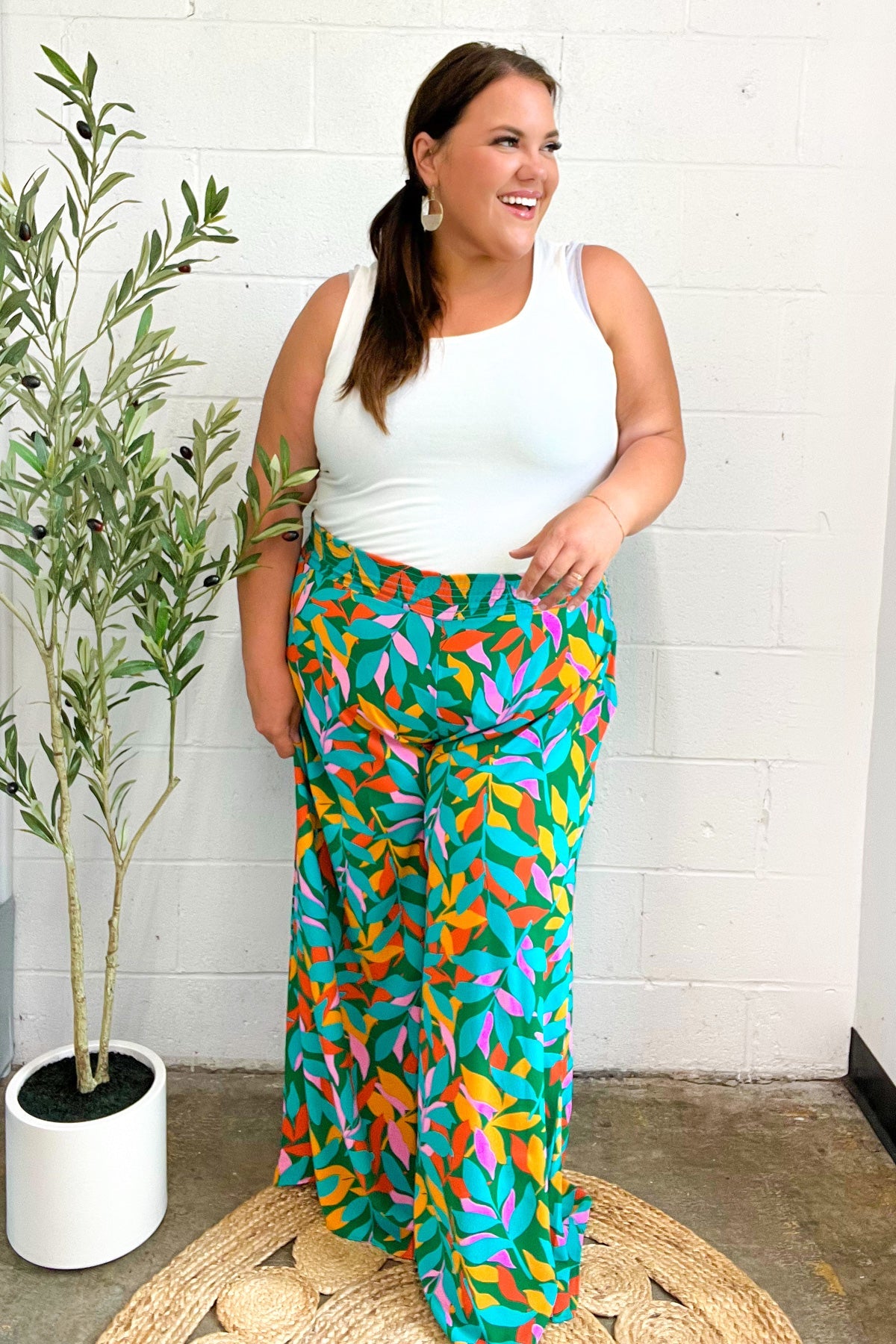 Summer Vibes Green & Orange Abstract Print Smocked Palazzo Pants-2024 Summer Blow Out Sale-Modish Lily, Tecumseh Michigan