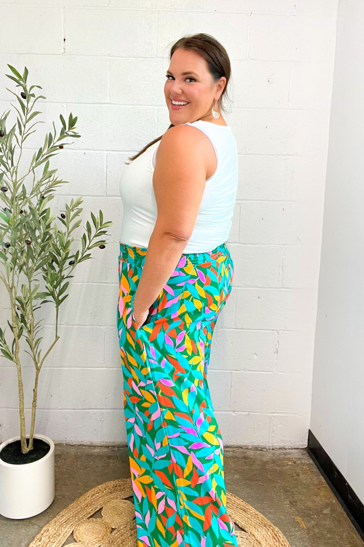 Summer Vibes Green & Orange Abstract Print Smocked Palazzo Pants-2024 Summer Blow Out Sale-Modish Lily, Tecumseh Michigan