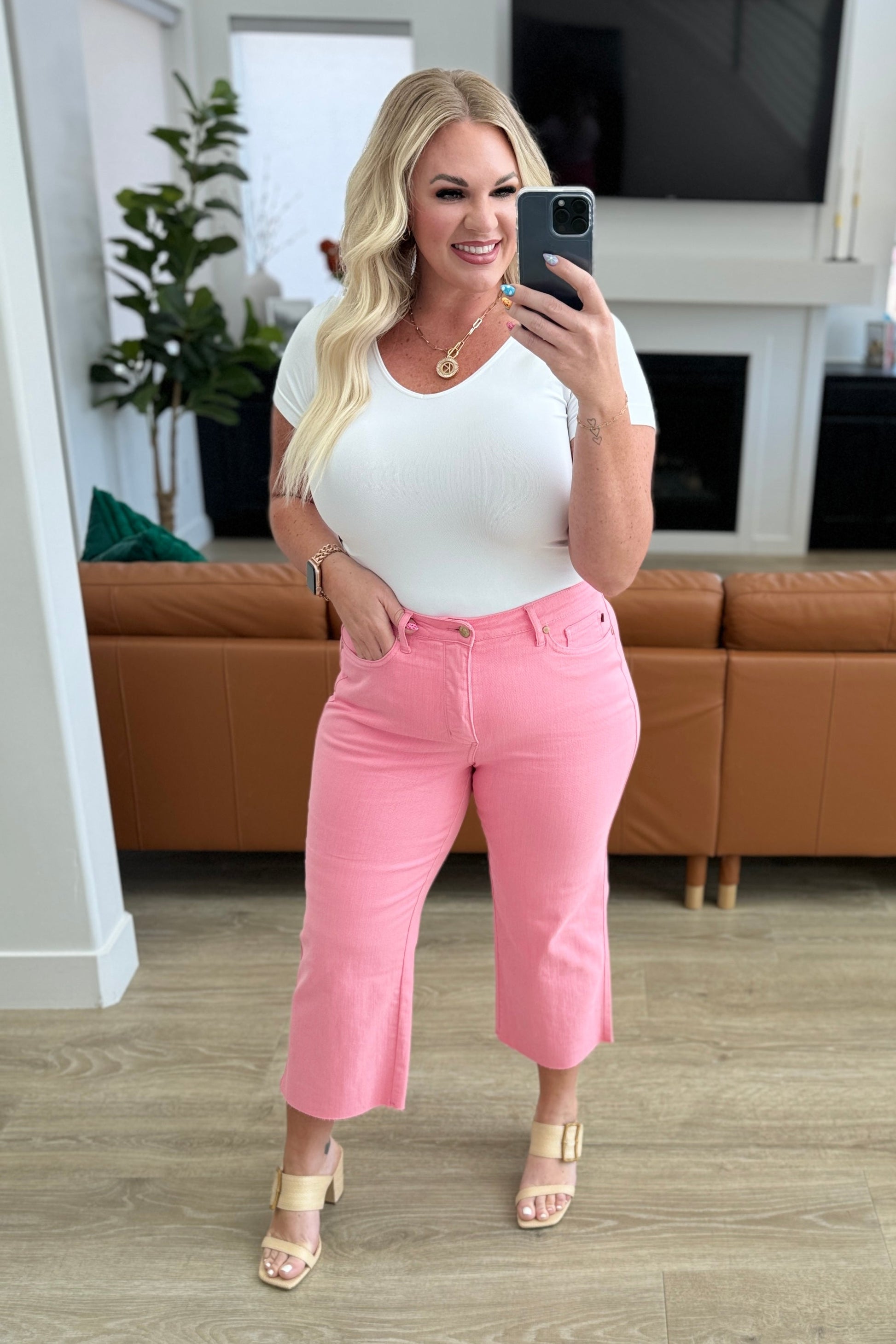 Lisa High Rise Control Top Wide Leg Crop Jeans in Pink-Denim-Modish Lily, Tecumseh Michigan