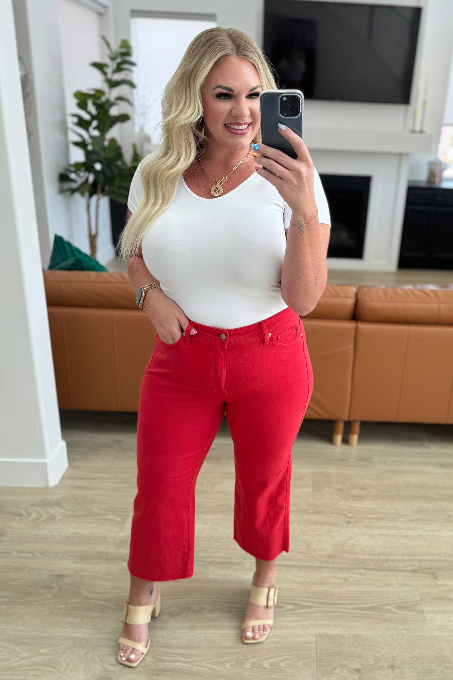 Lisa High Rise Control Top Wide Leg Crop Jeans in Red-Denim-Modish Lily, Tecumseh Michigan