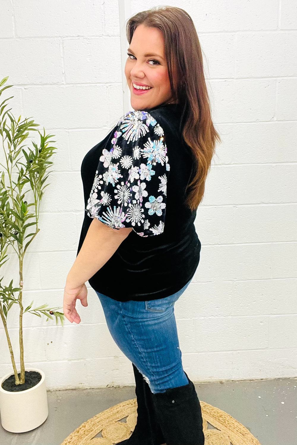 Feeling Glamorous Black Floral Sequin Puff Sleeve Velvet Top-2024 Blow-Out Sale-Modish Lily, Tecumseh Michigan