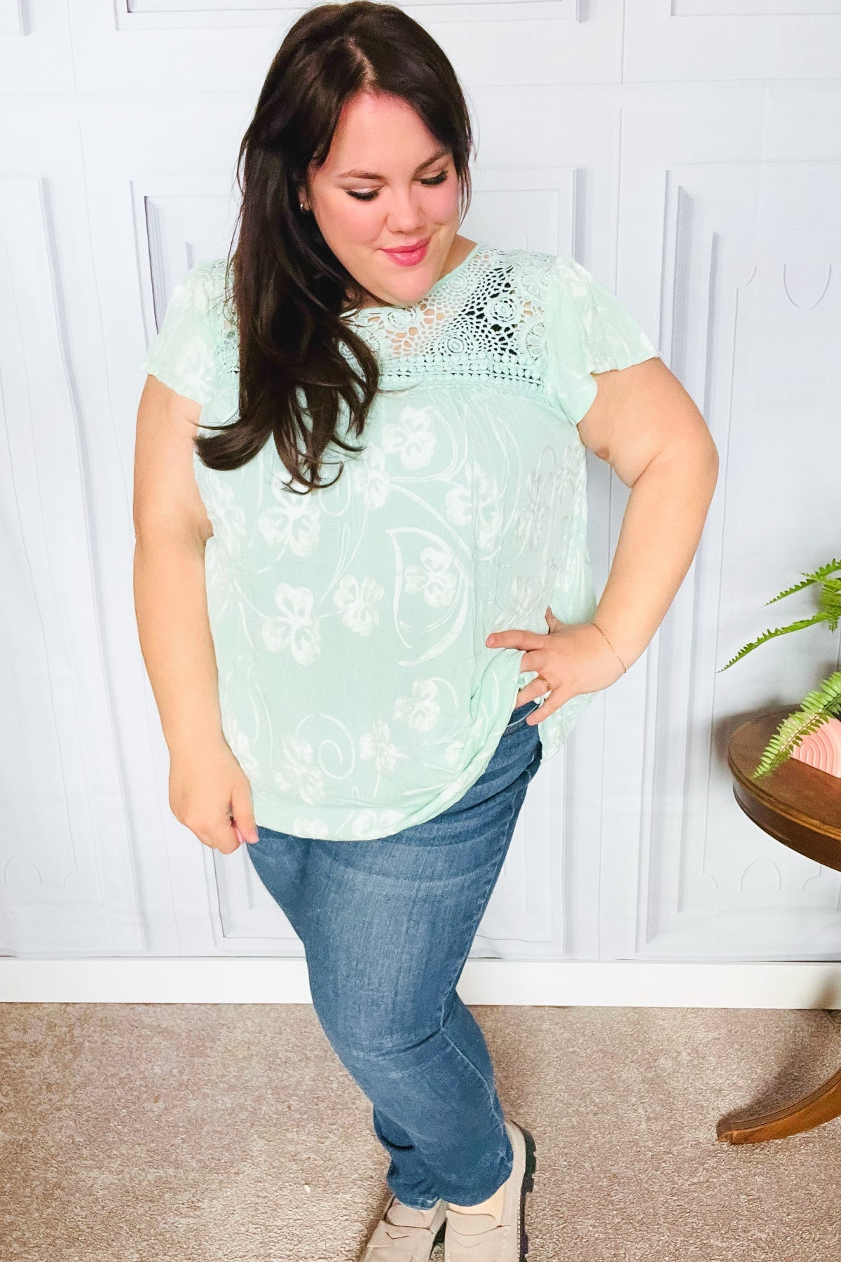 Lovely In Aqua Embroidered Flutter Sleeve Woven Top-Modish Lily, Tecumseh Michigan