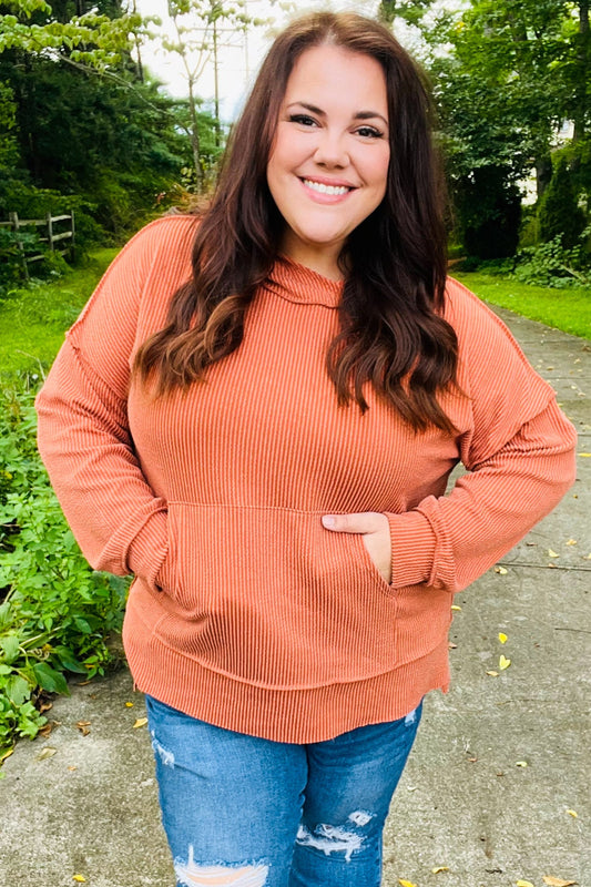 Cozy Days Rust Mineral Wash Rib Knit Hoodie-Modish Lily, Tecumseh Michigan