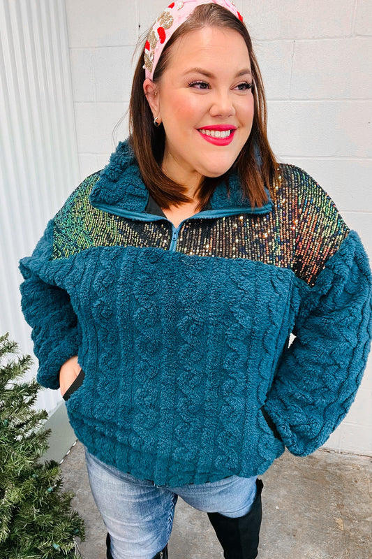 Going With You Teal Sequin & Sherpa Half Zip Pullover-Modish Lily, Tecumseh Michigan