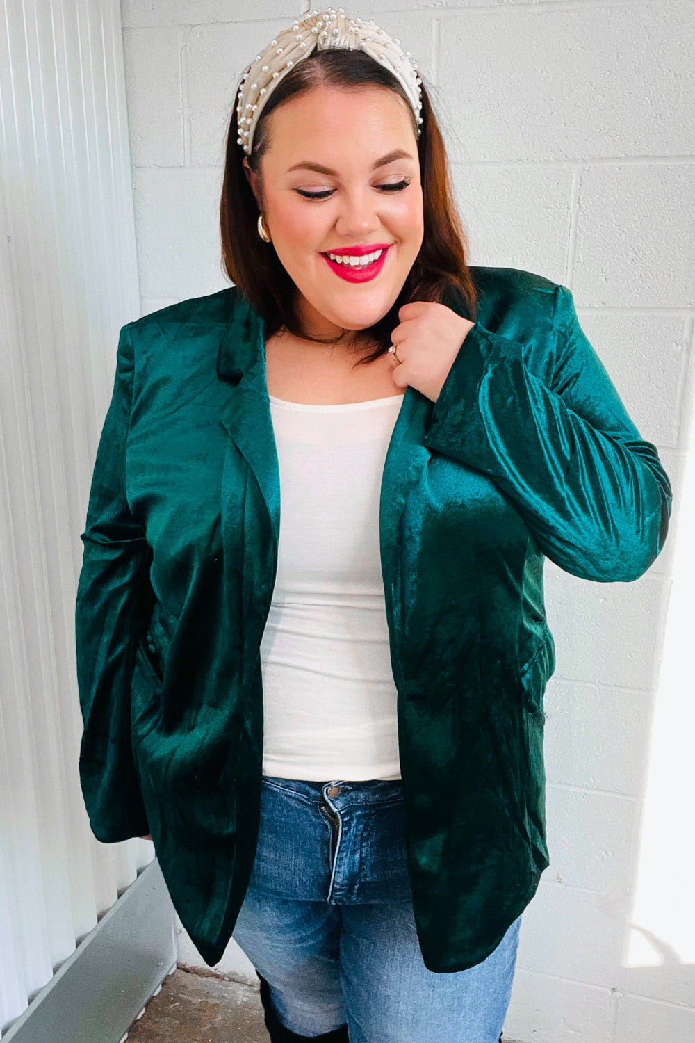 Dazzling Hunter Green Velvet Lapel Blazer-Modish Lily, Tecumseh Michigan