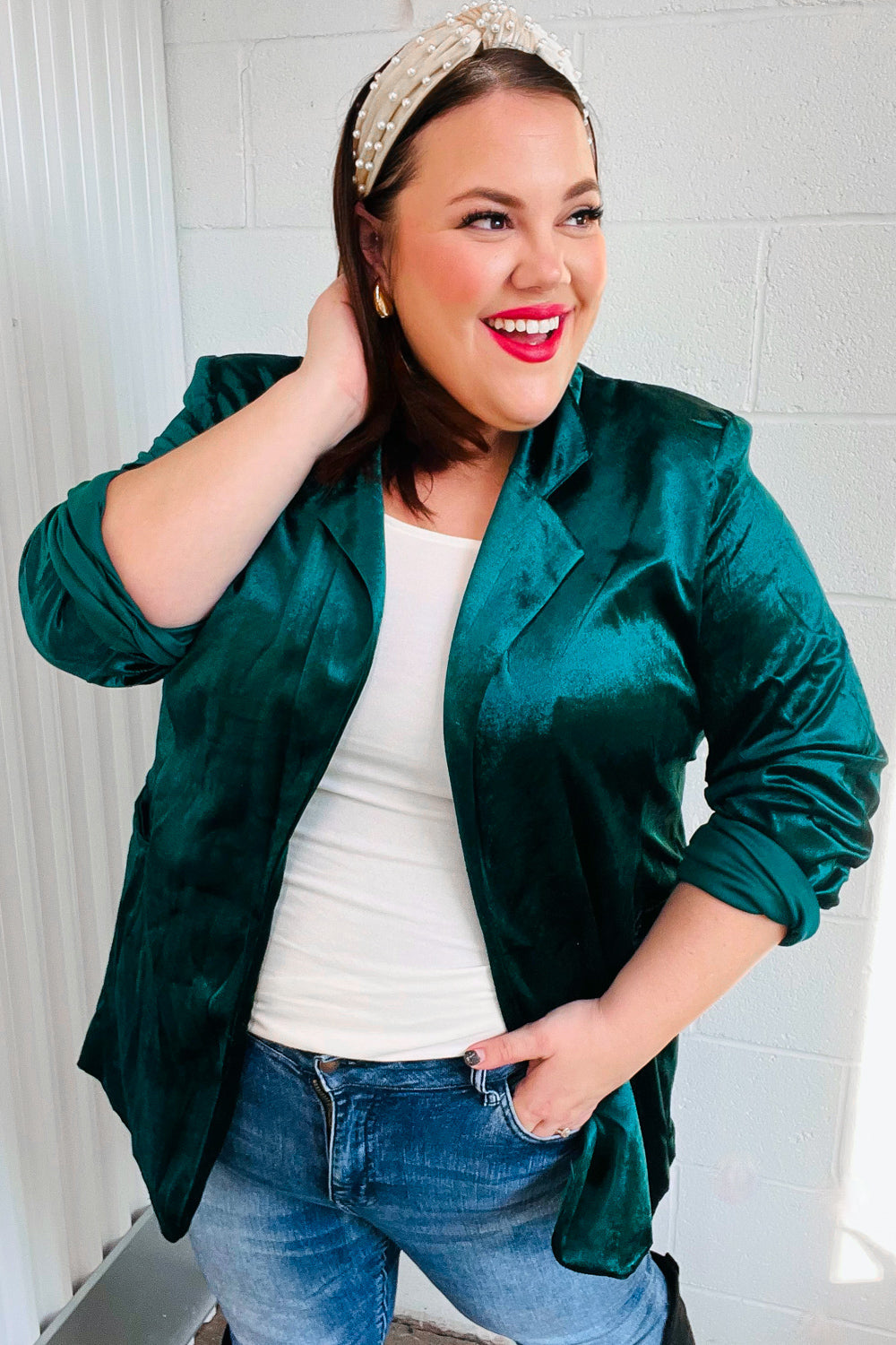 Dazzling Hunter Green Velvet Lapel Blazer-Modish Lily, Tecumseh Michigan