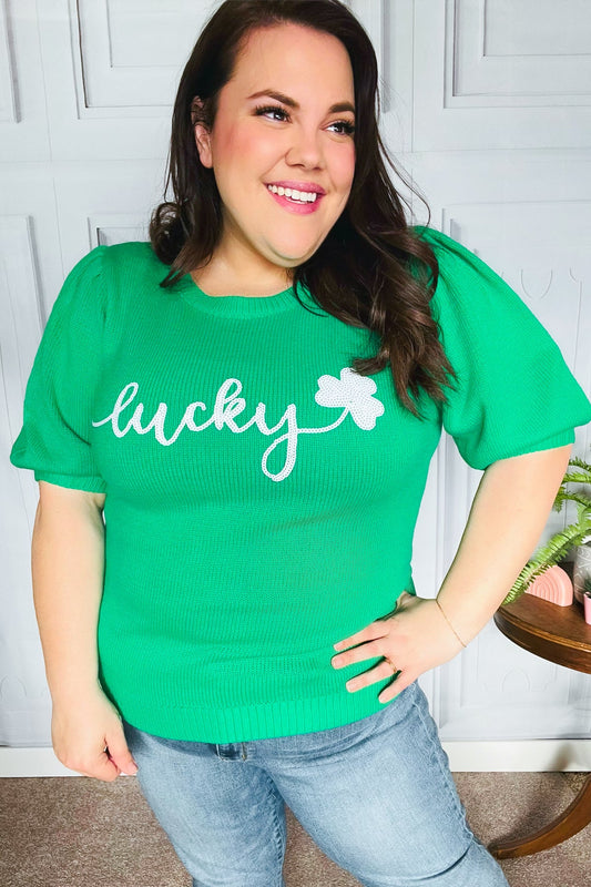 Lucky Lady Shamrock Green Sequin Puff Sleeve Knit Top-Modish Lily, Tecumseh Michigan