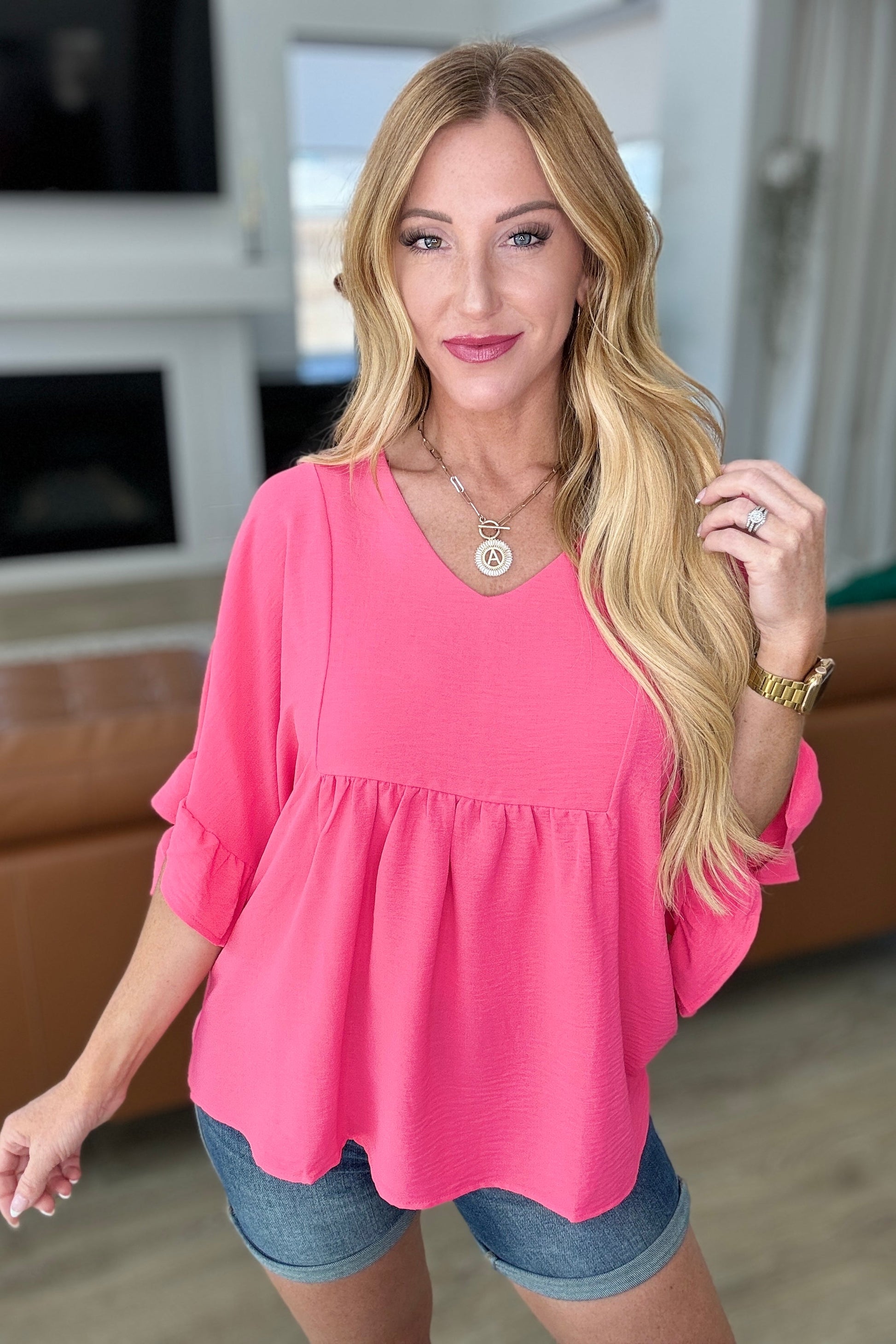 Airflow Peplum Ruffle Sleeve Top in Hot Pink-Tops-Modish Lily, Tecumseh Michigan