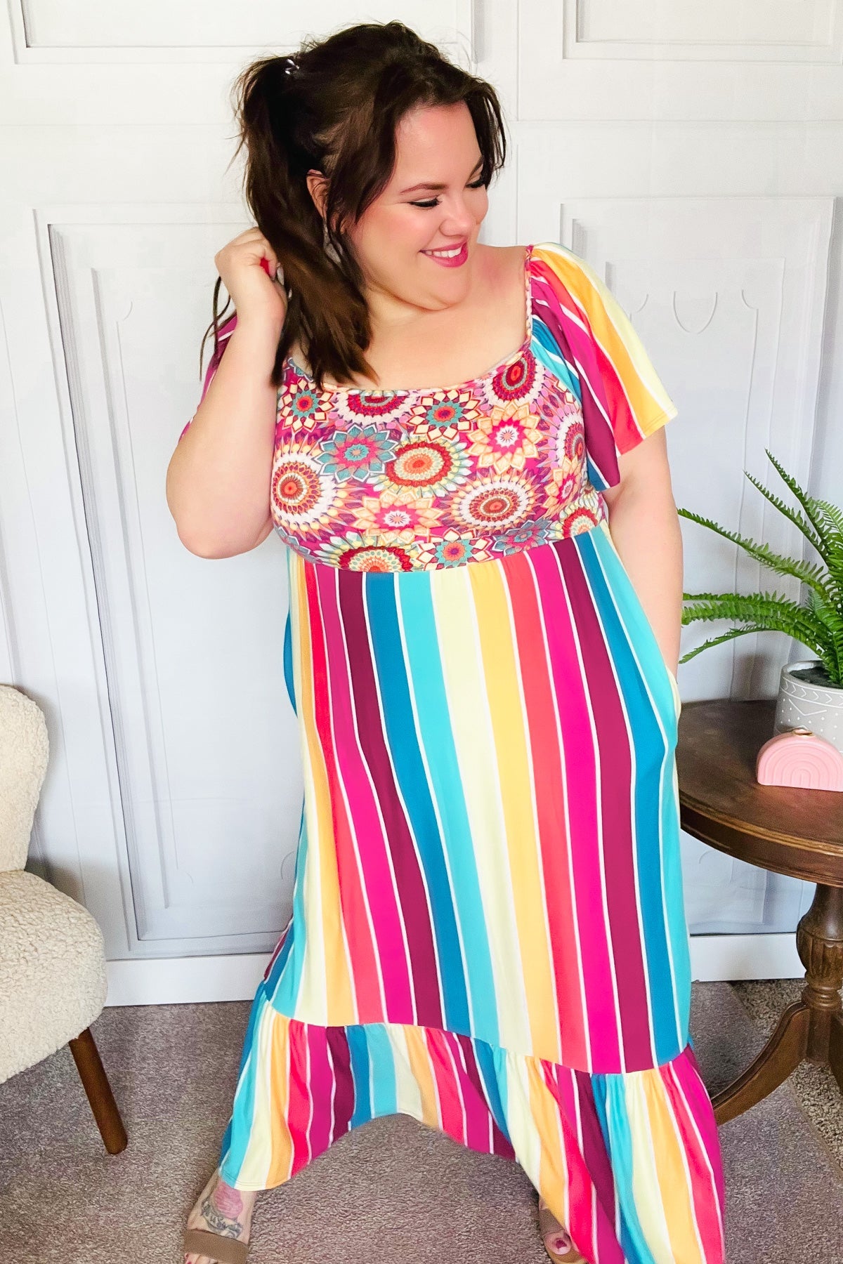 Feeling Bold Fuchsia & Teal Striped Medallion Crochet Print Dress-Modish Lily, Tecumseh Michigan