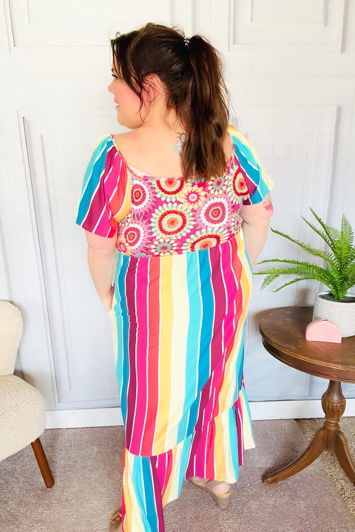 Feeling Bold Fuchsia & Teal Striped Medallion Crochet Print Dress-Modish Lily, Tecumseh Michigan