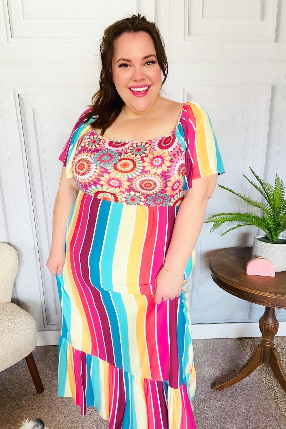 Feeling Bold Fuchsia & Teal Striped Medallion Crochet Print Dress-Modish Lily, Tecumseh Michigan