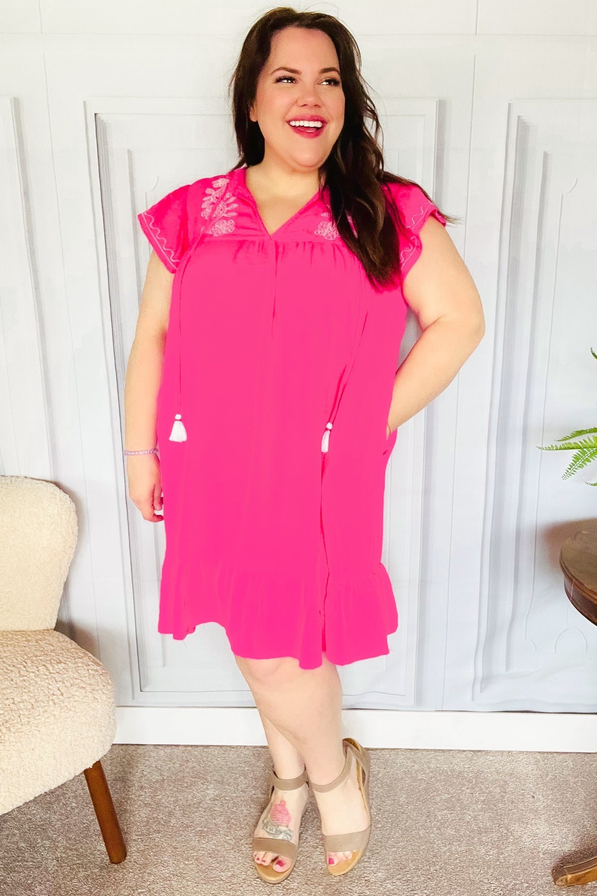 Bright Thoughts Hot Pink Embroidered Notched Neck Tassel Dress-Modish Lily, Tecumseh Michigan