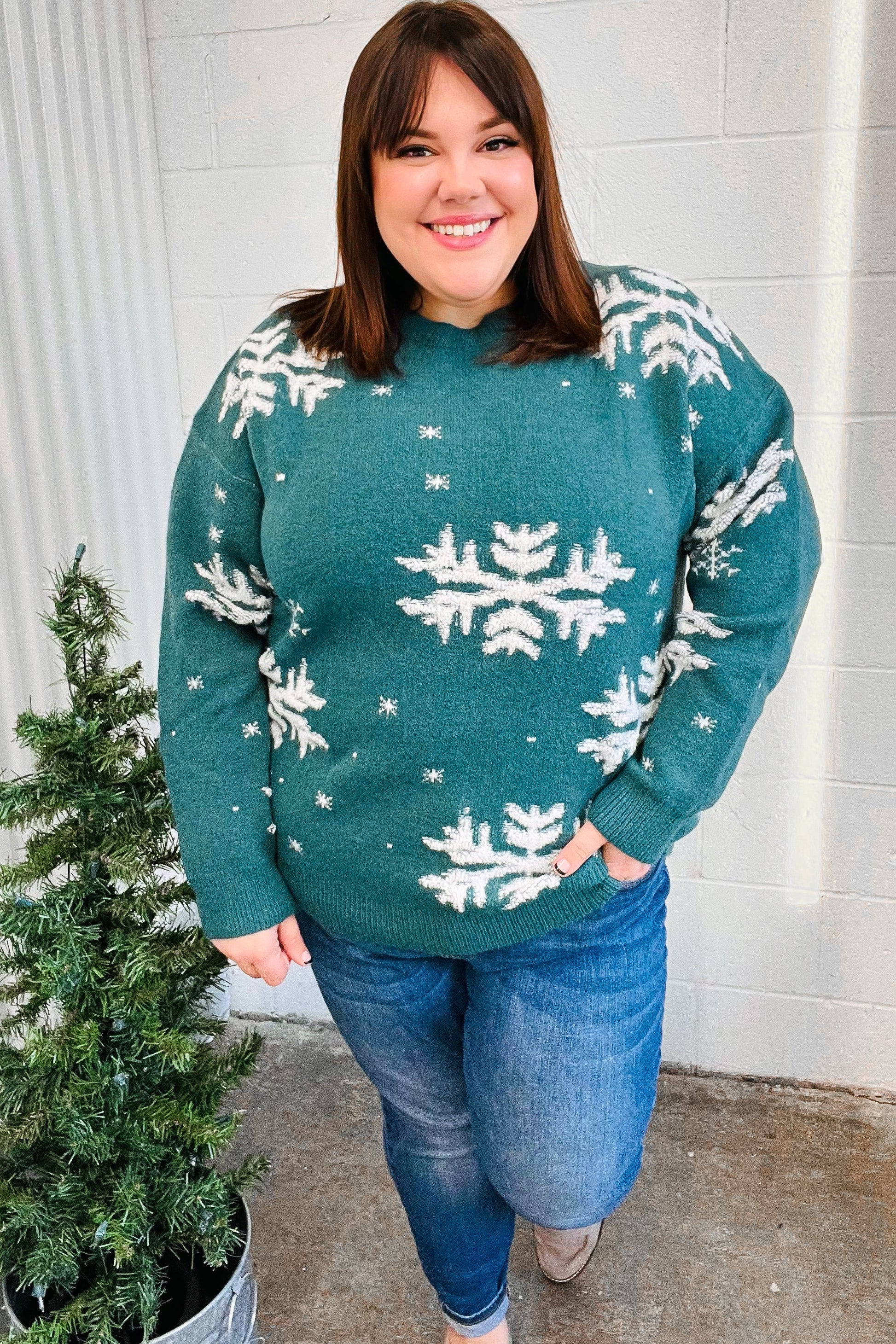 Season Greetings Hunter Green Puffy Snowflake Jacquard Sweater-Modish Lily, Tecumseh Michigan