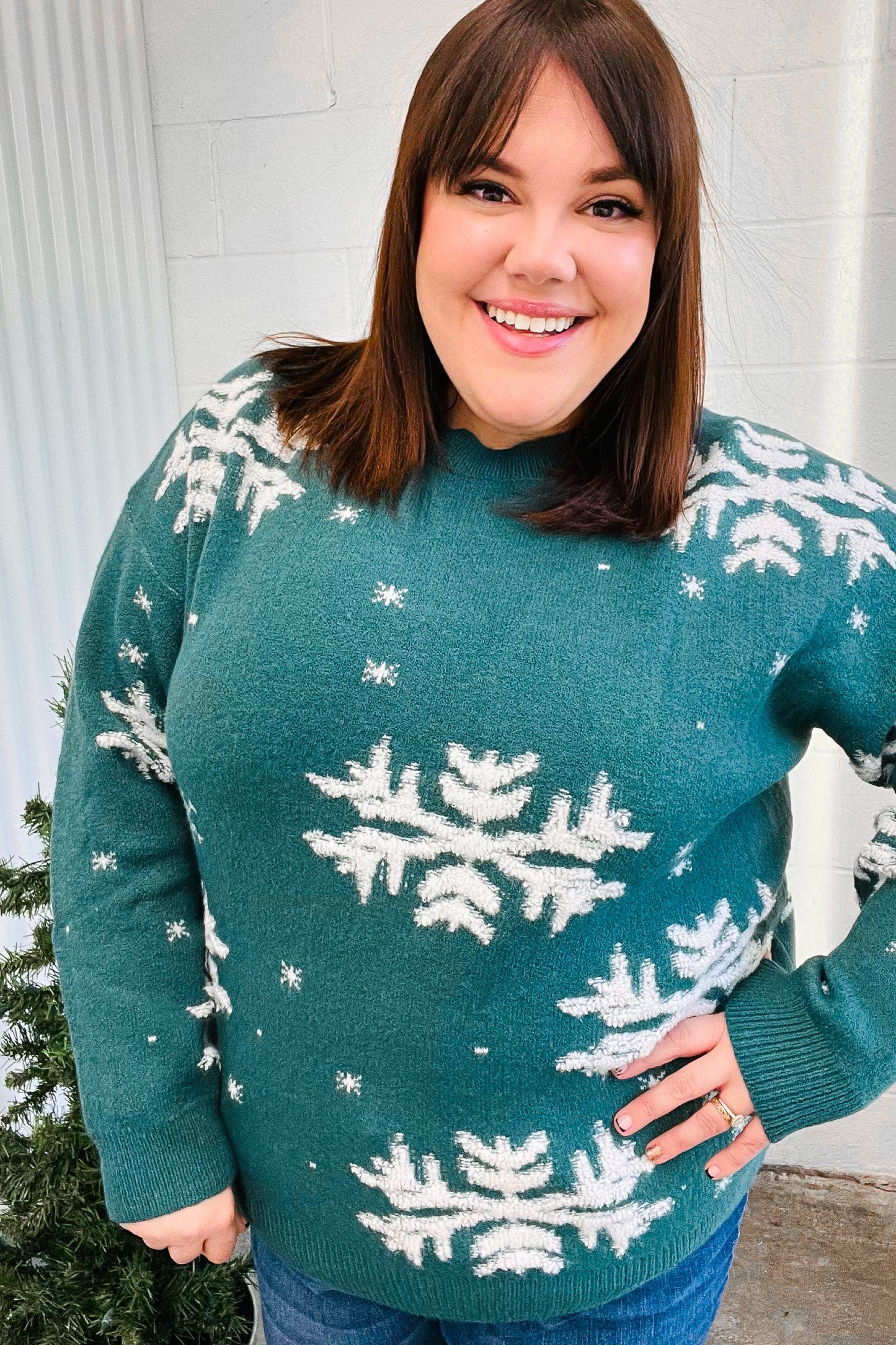 Season Greetings Hunter Green Puffy Snowflake Jacquard Sweater-Modish Lily, Tecumseh Michigan