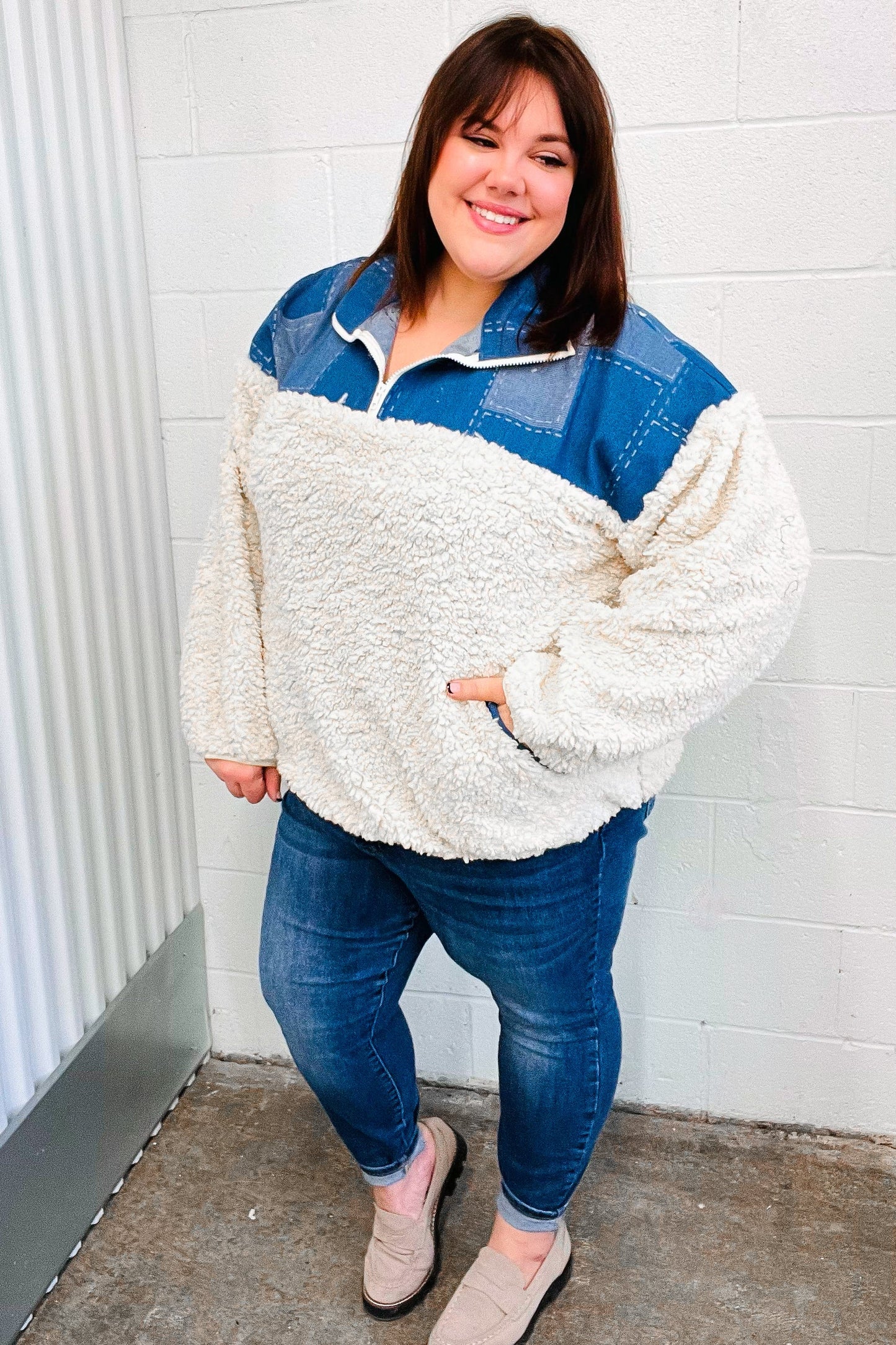 Good Vibes Denim & Ivory Patchwork Sherpa Half Zip Pullover-2024 Blow-Out Sale-Modish Lily, Tecumseh Michigan