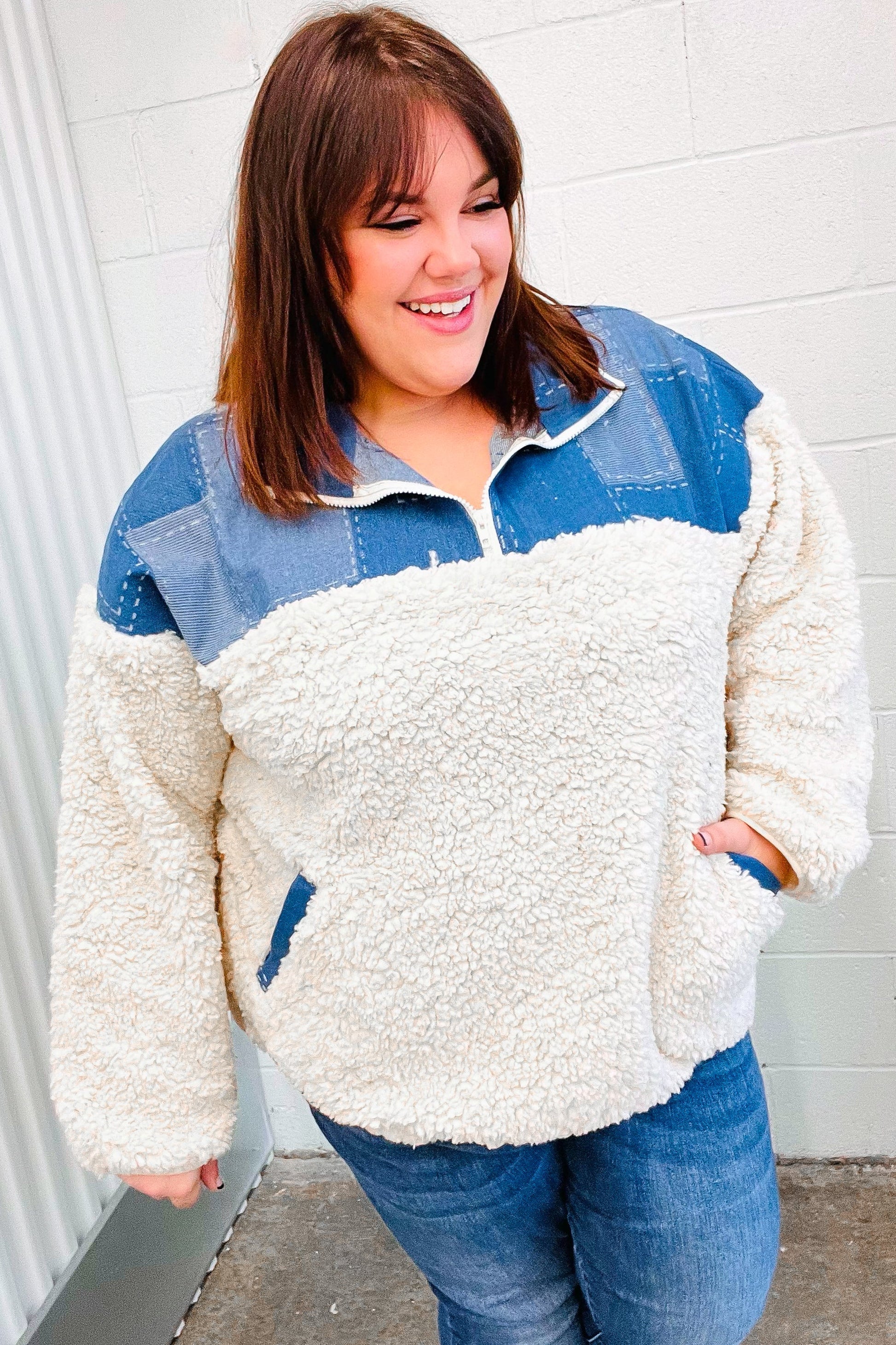 Good Vibes Denim & Ivory Patchwork Sherpa Half Zip Pullover-2024 Blow-Out Sale-Modish Lily, Tecumseh Michigan