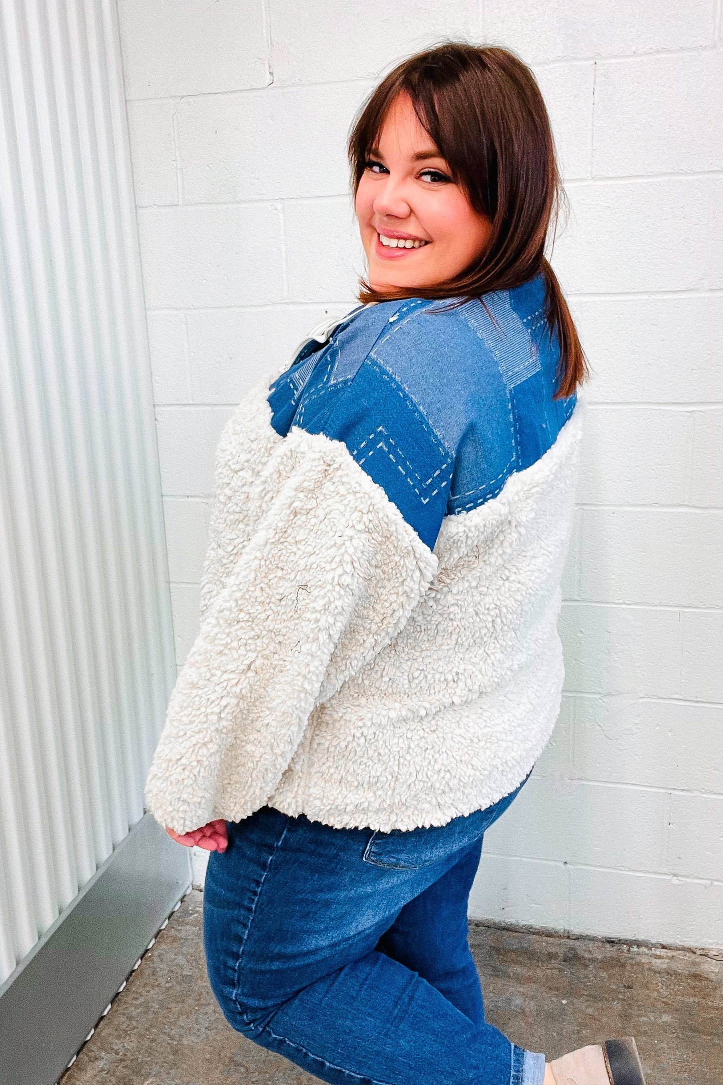 Good Vibes Denim & Ivory Patchwork Sherpa Half Zip Pullover-2024 Blow-Out Sale-Modish Lily, Tecumseh Michigan