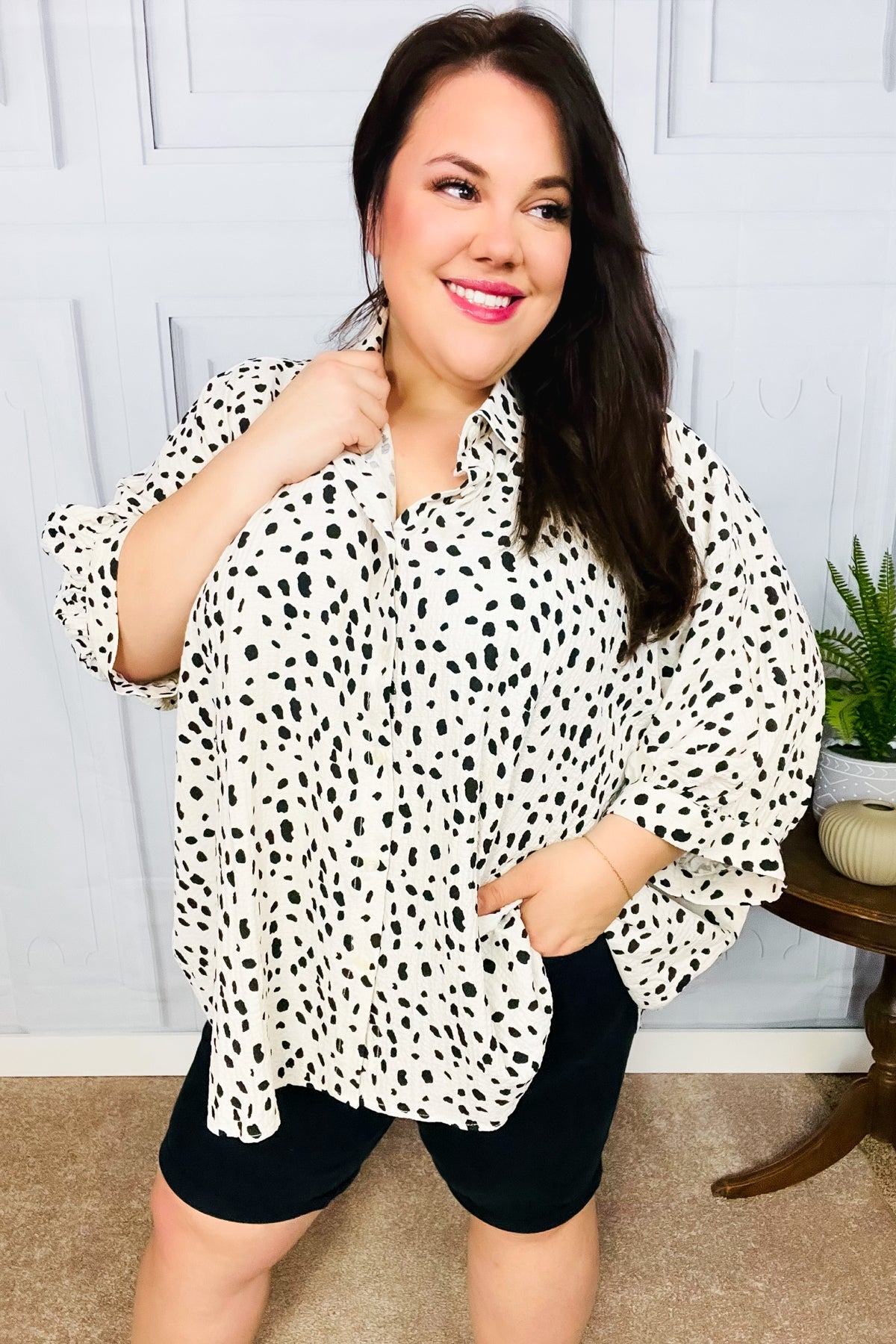 Diva Loving Ivory Leopard Print Button Down Oversized Top-Modish Lily, Tecumseh Michigan