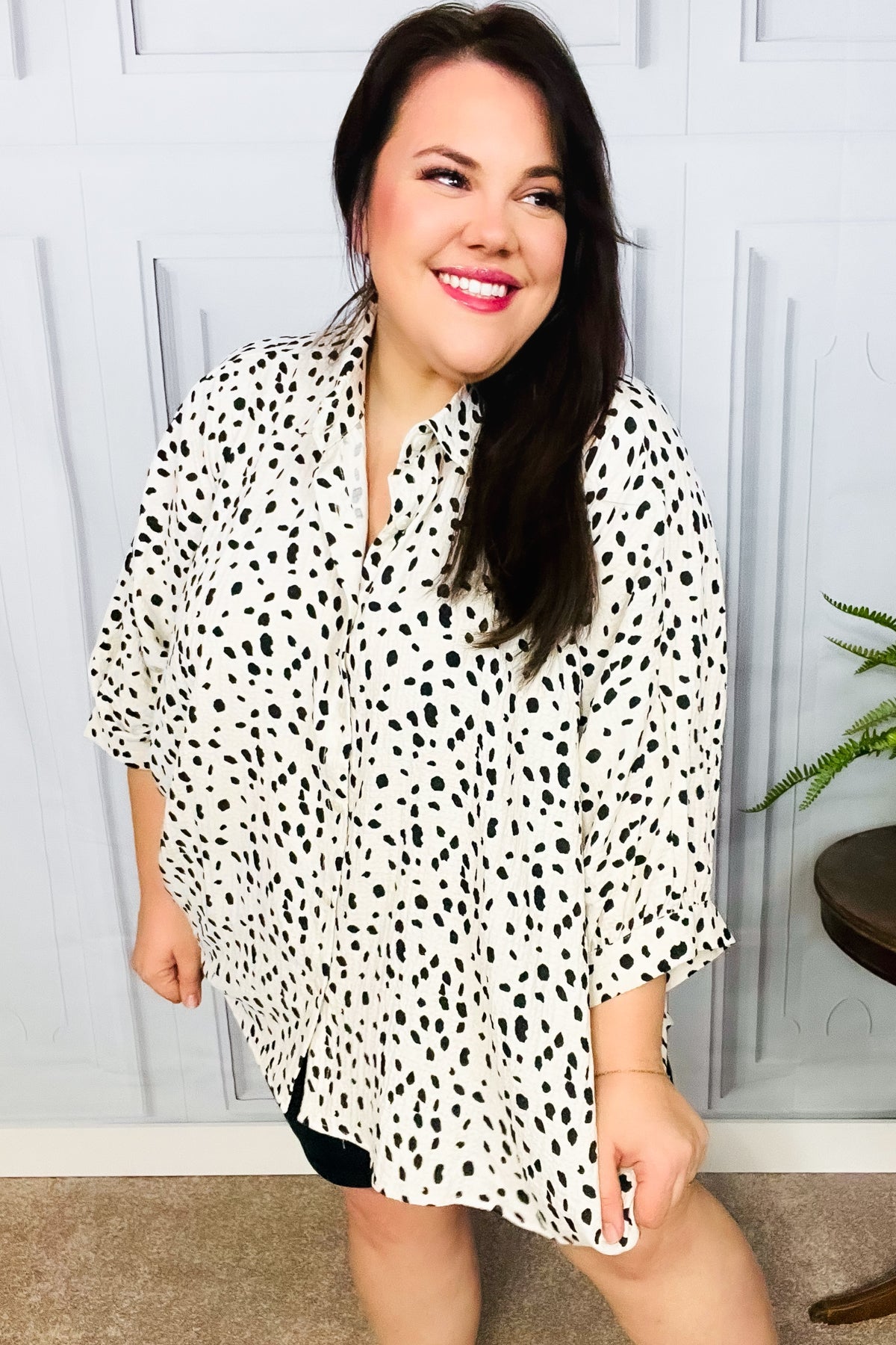 Diva Loving Ivory Leopard Print Button Down Oversized Top-Modish Lily, Tecumseh Michigan