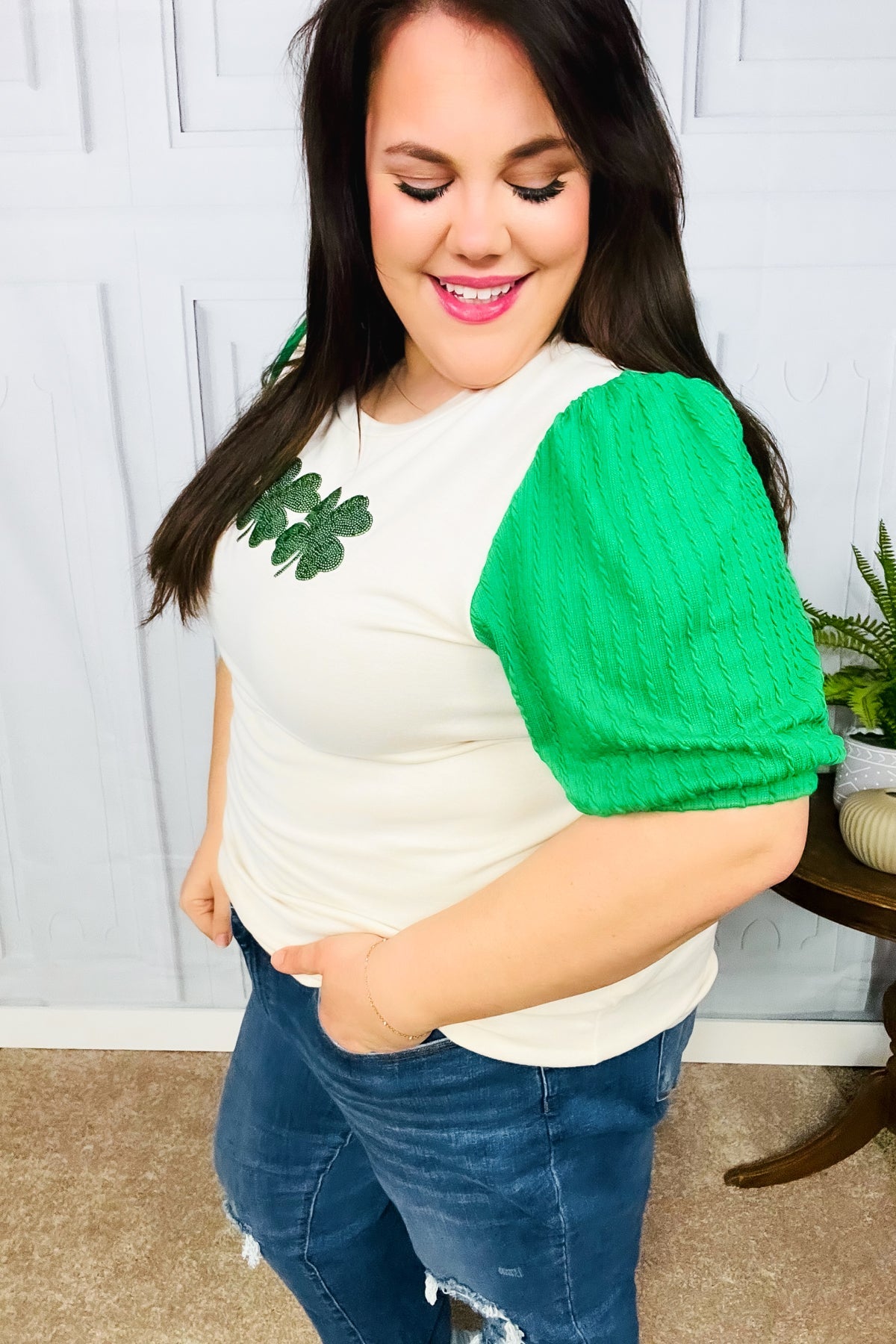 Lucky Sequin Clover Oatmeal Cable Knit Puff Sleeve Top-Modish Lily, Tecumseh Michigan