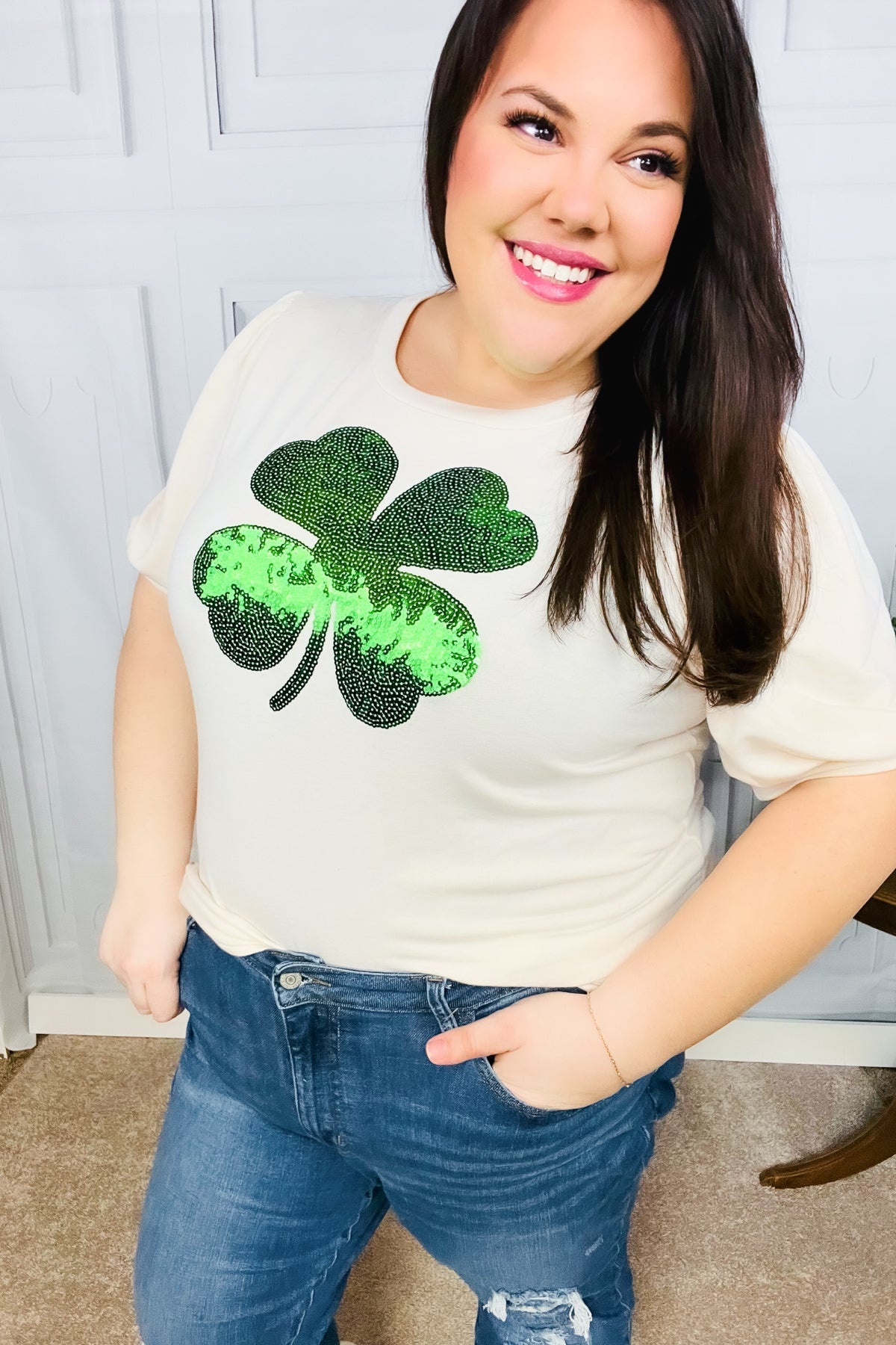 Saint Patty Sequin Clover French Terry Puff Sleeve Top-Modish Lily, Tecumseh Michigan