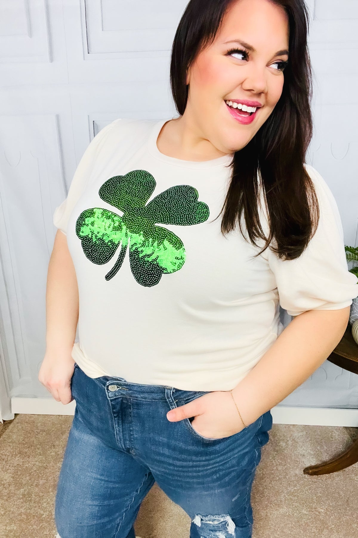 Saint Patty Sequin Clover French Terry Puff Sleeve Top-Modish Lily, Tecumseh Michigan