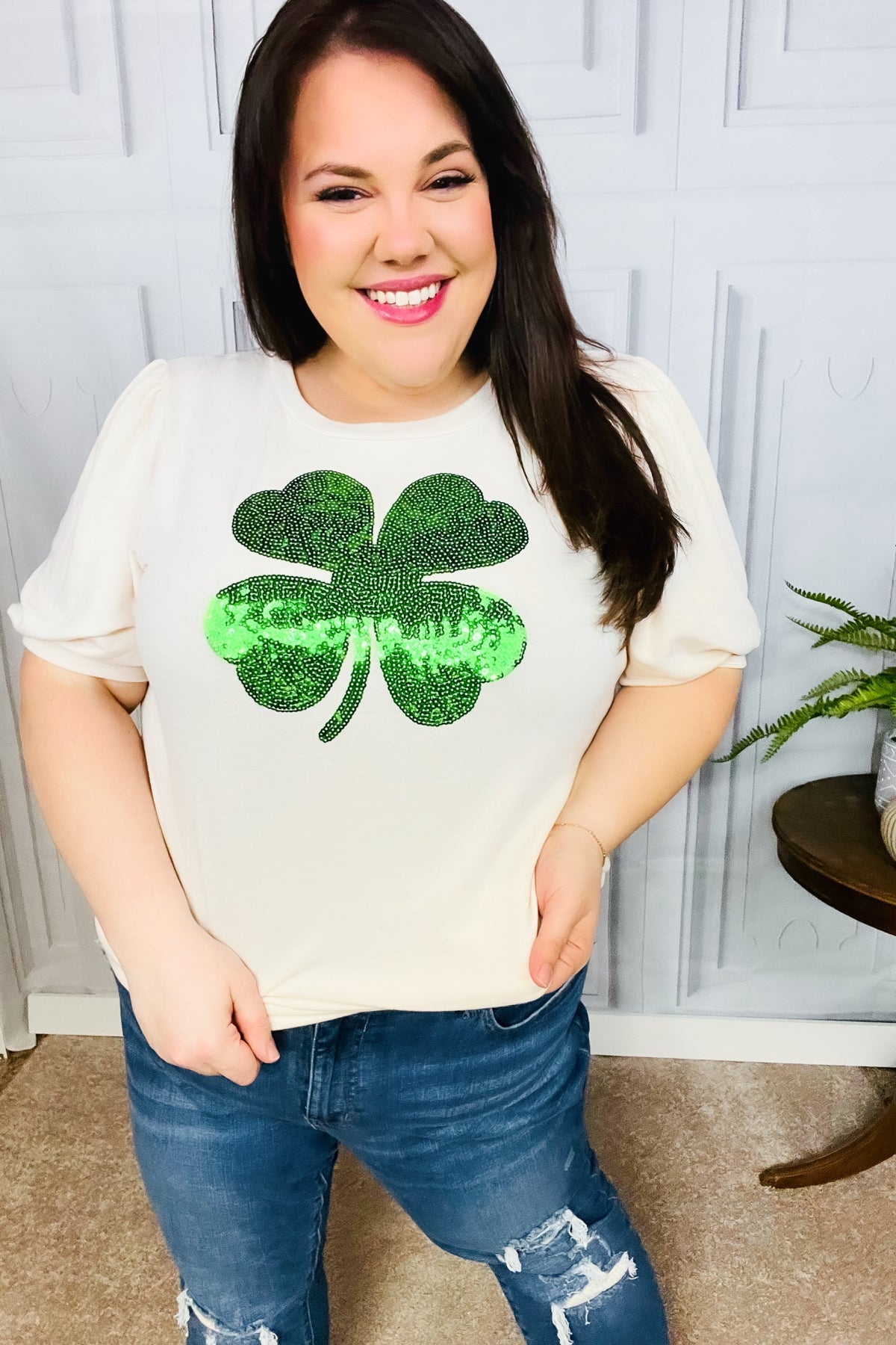 Saint Patty Sequin Clover French Terry Puff Sleeve Top-Modish Lily, Tecumseh Michigan