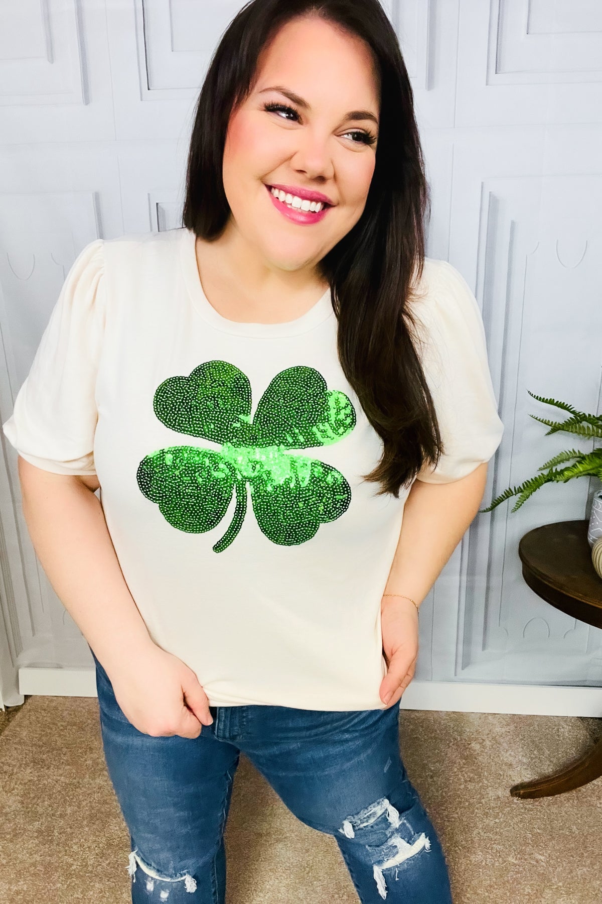 Saint Patty Sequin Clover French Terry Puff Sleeve Top-Modish Lily, Tecumseh Michigan