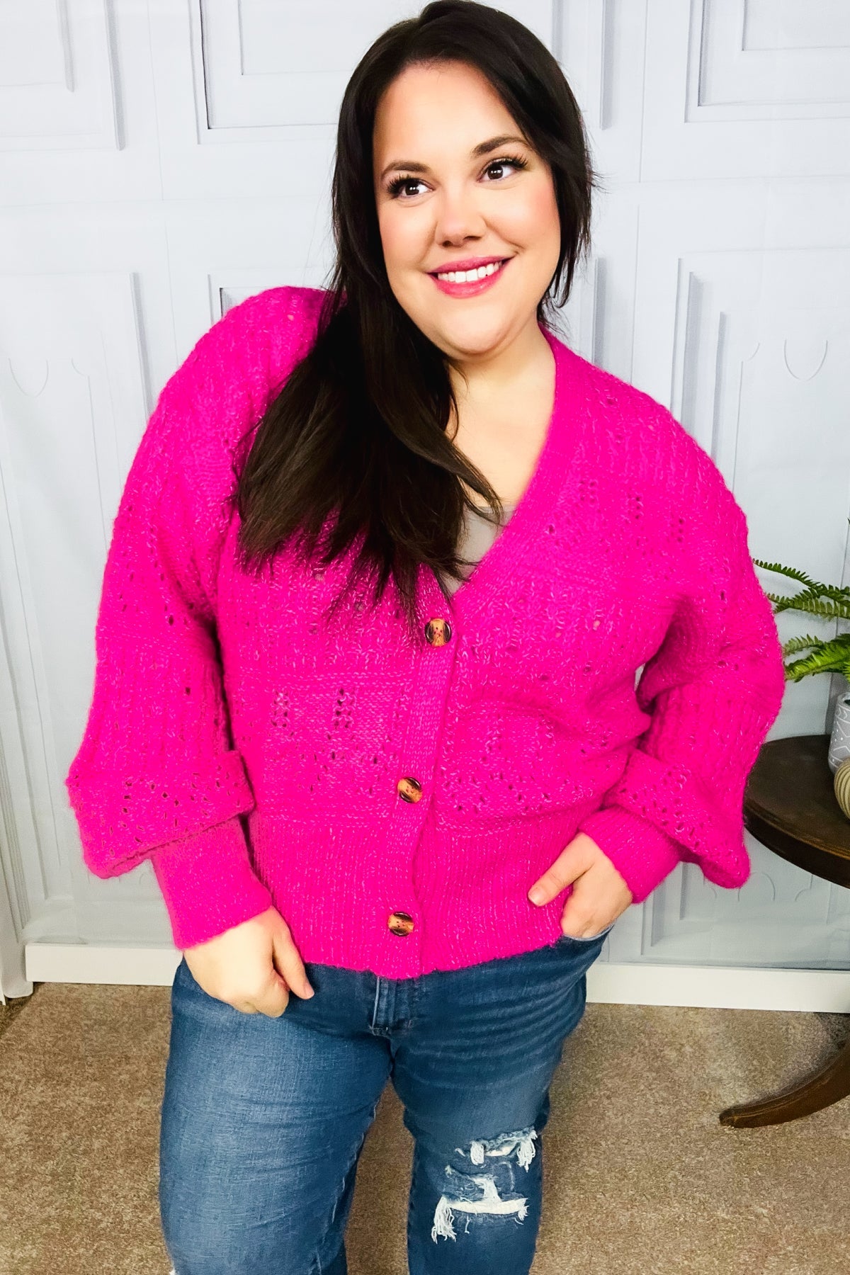 Pretty In Pink Button Down Pointelle Knit Cardigan-Modish Lily, Tecumseh Michigan