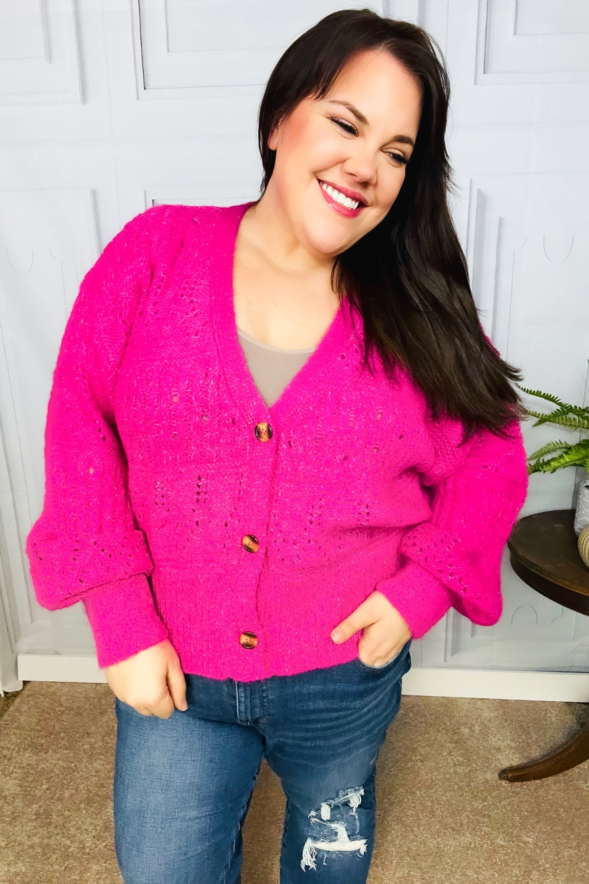 Pretty In Pink Button Down Pointelle Knit Cardigan-Modish Lily, Tecumseh Michigan