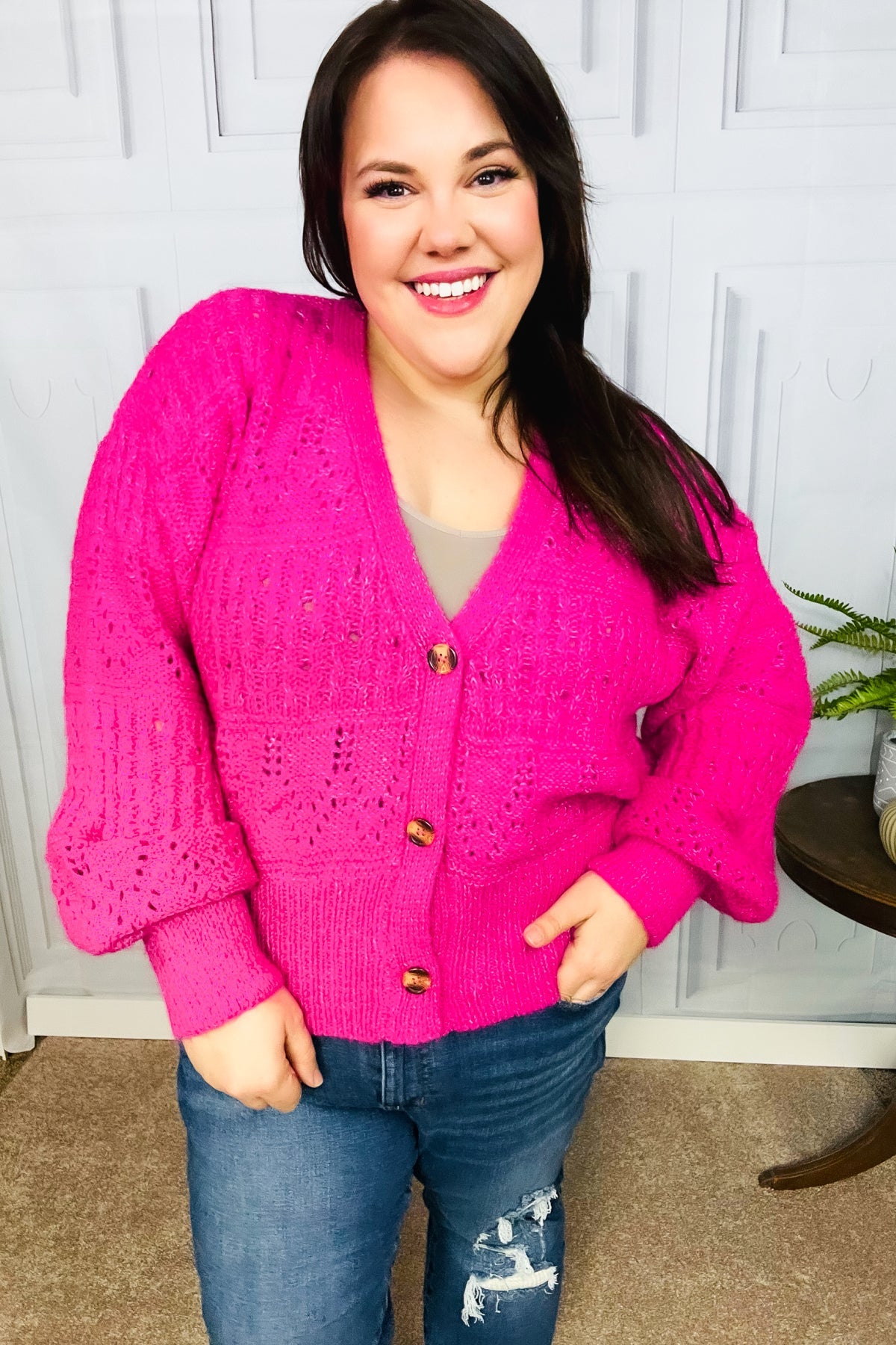 Pretty In Pink Button Down Pointelle Knit Cardigan-Modish Lily, Tecumseh Michigan