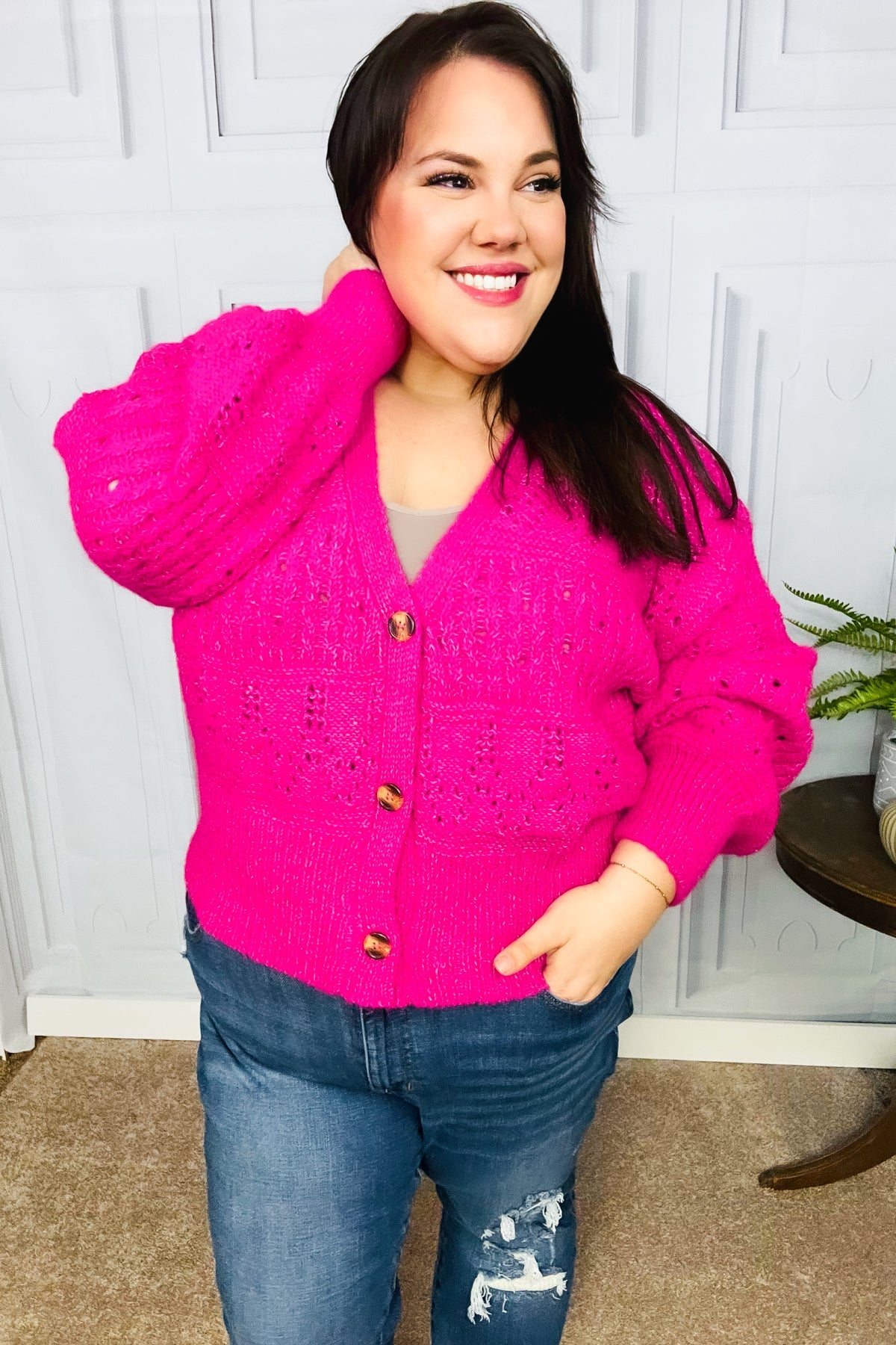 Pretty In Pink Button Down Pointelle Knit Cardigan-Modish Lily, Tecumseh Michigan