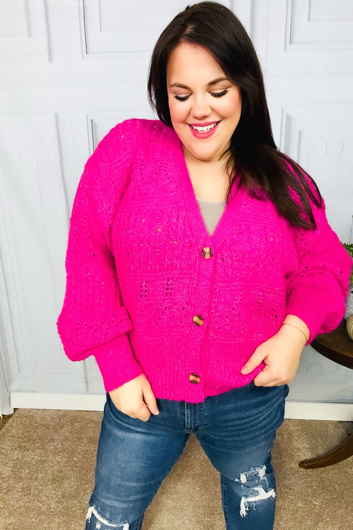 Pretty In Pink Button Down Pointelle Knit Cardigan-Modish Lily, Tecumseh Michigan