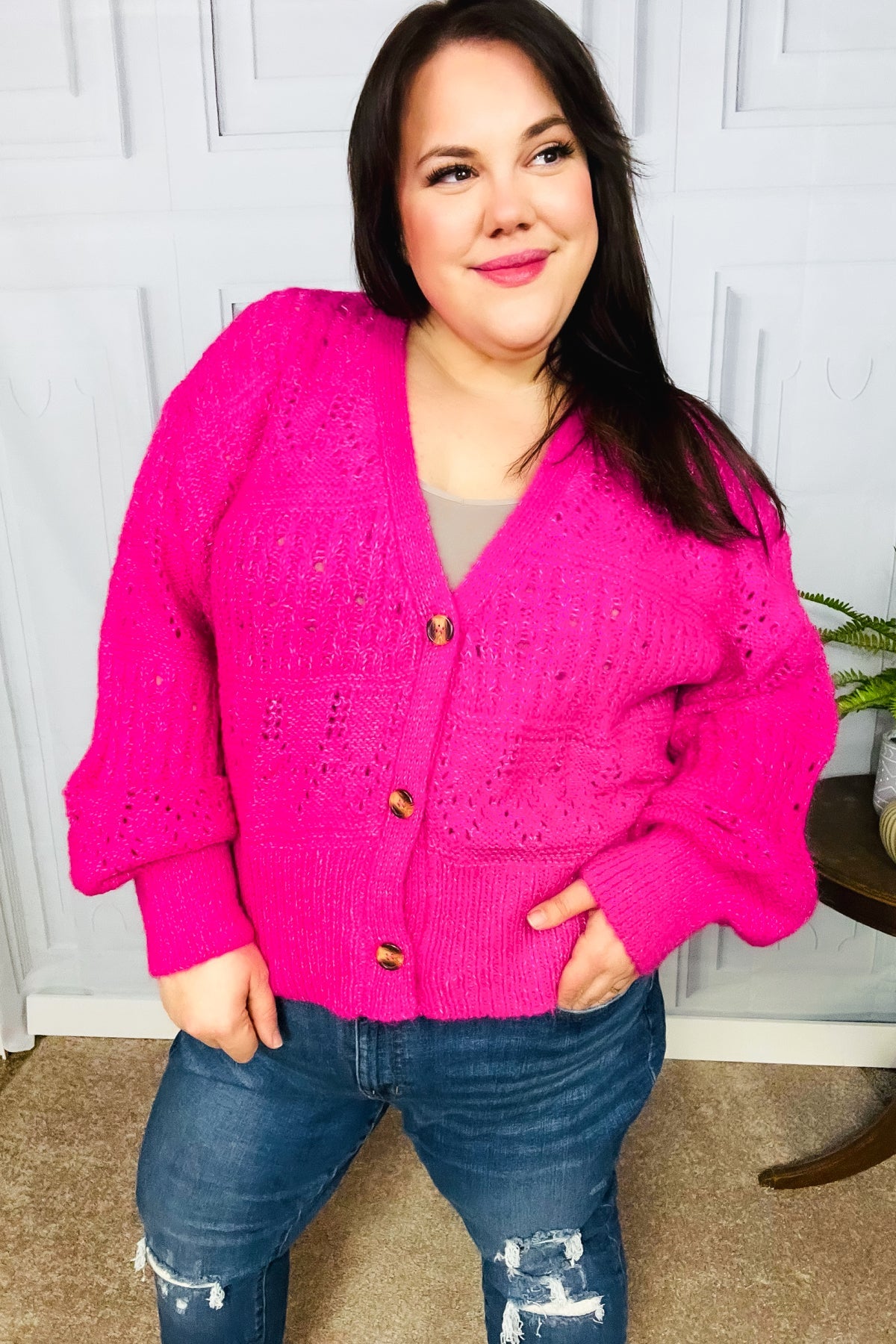 Pretty In Pink Button Down Pointelle Knit Cardigan-Modish Lily, Tecumseh Michigan