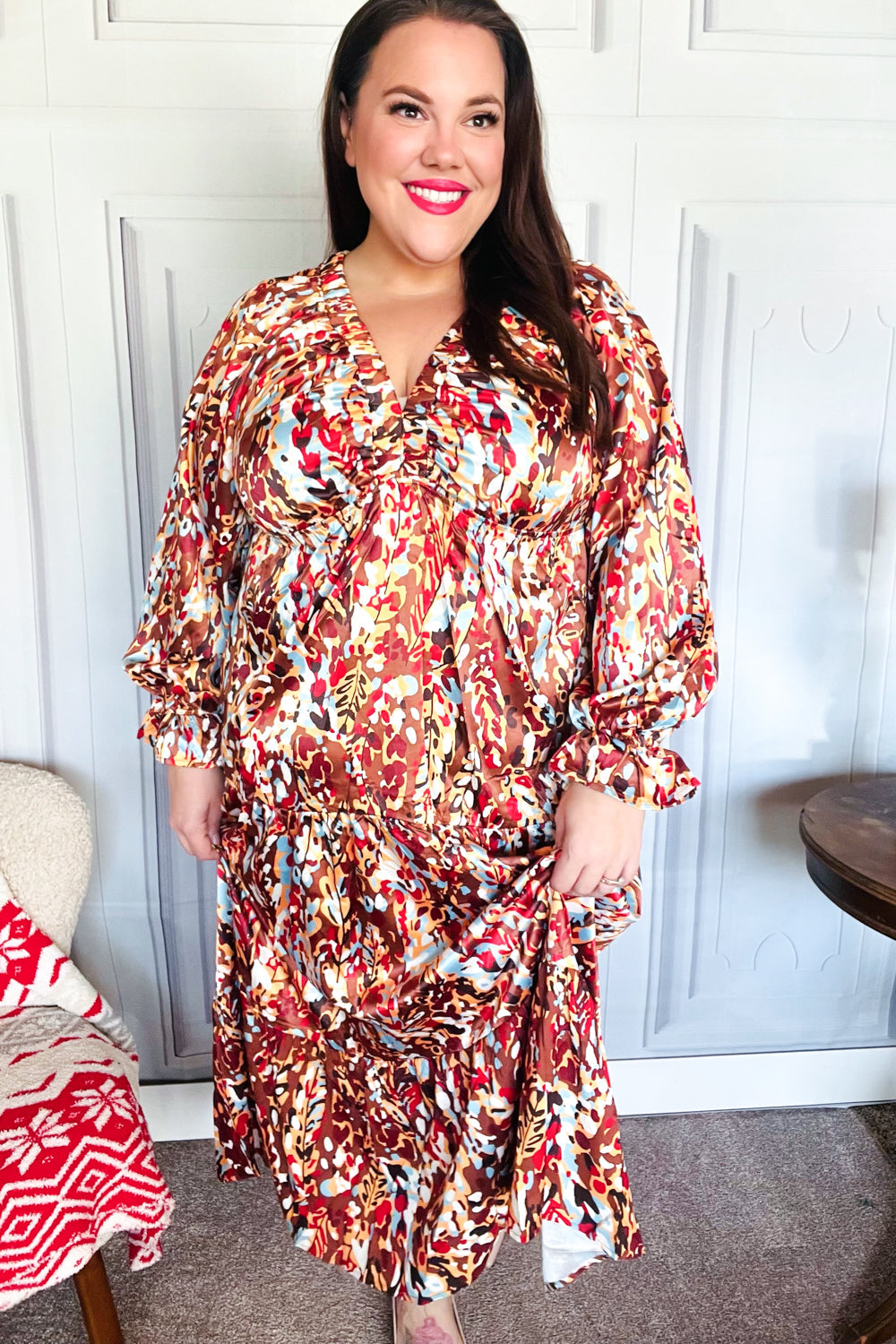 Feeling Femme Mocha Floral Print V Neck Satin Maxi Dress-2024 Blow-Out Sale-Modish Lily, Tecumseh Michigan