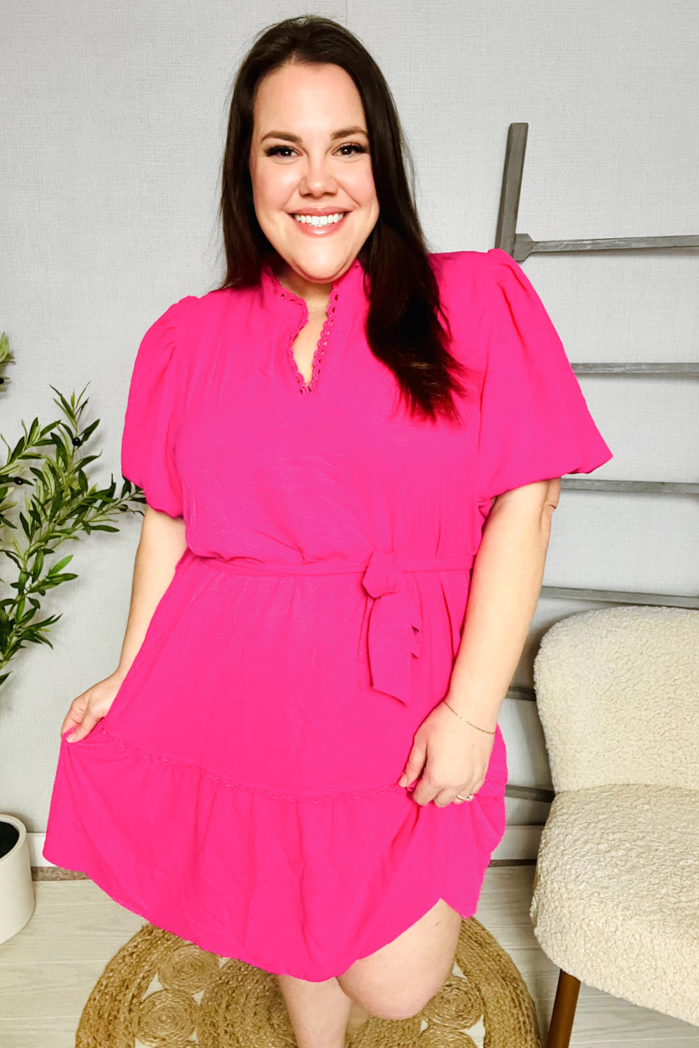 Star Struck Fuchsia Notched Neck Balloon Sleeve Sash Belt Mini Dress-Modish Lily, Tecumseh Michigan