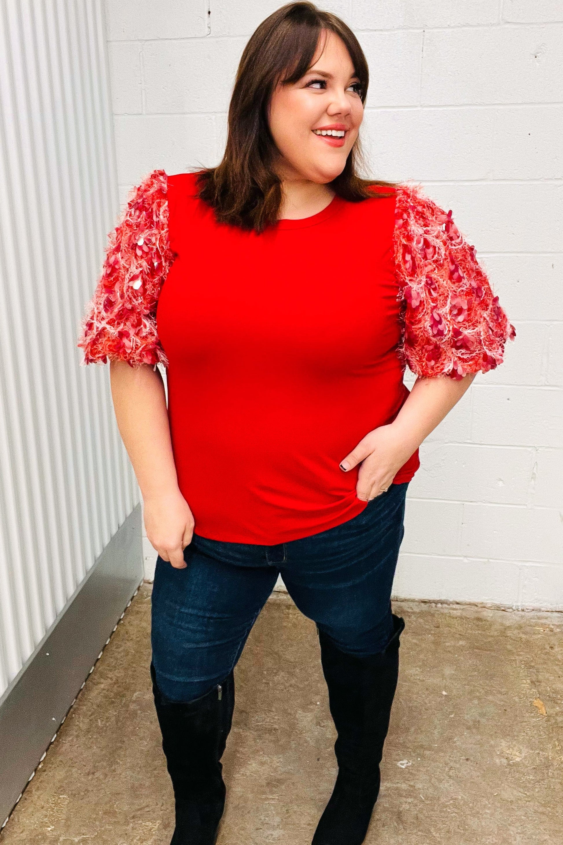 Come To Me Red Sequin Puff Short Sleeve Top-Modish Lily, Tecumseh Michigan