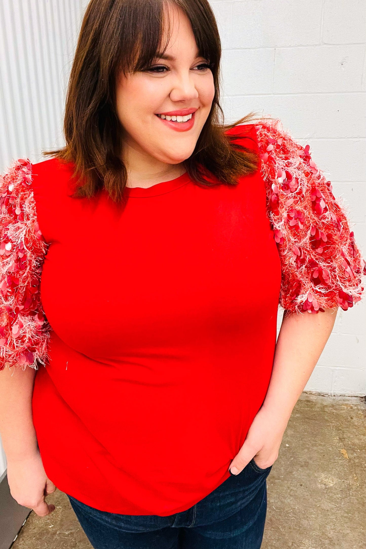 Come To Me Red Sequin Puff Short Sleeve Top-Modish Lily, Tecumseh Michigan