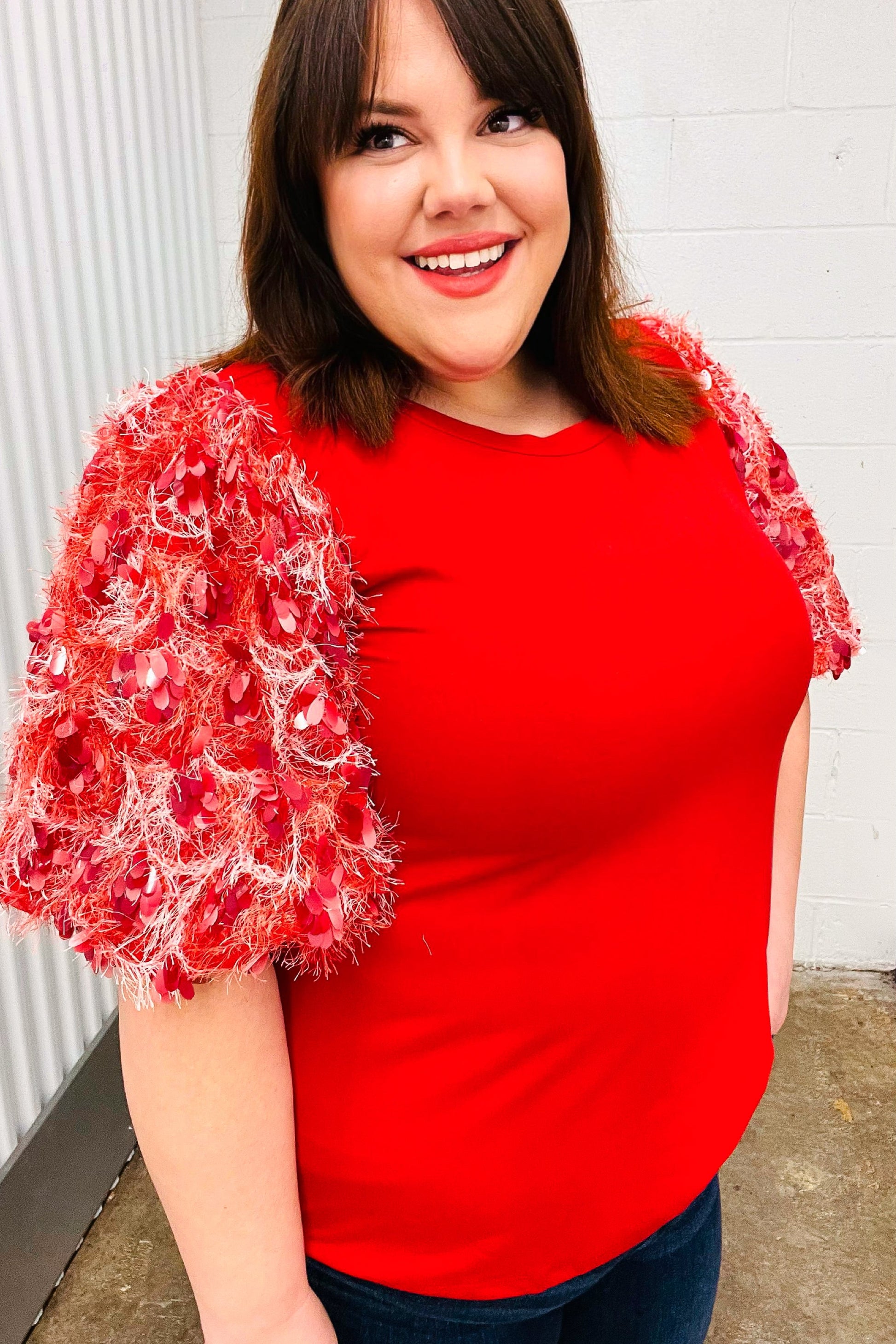 Come To Me Red Sequin Puff Short Sleeve Top-Modish Lily, Tecumseh Michigan