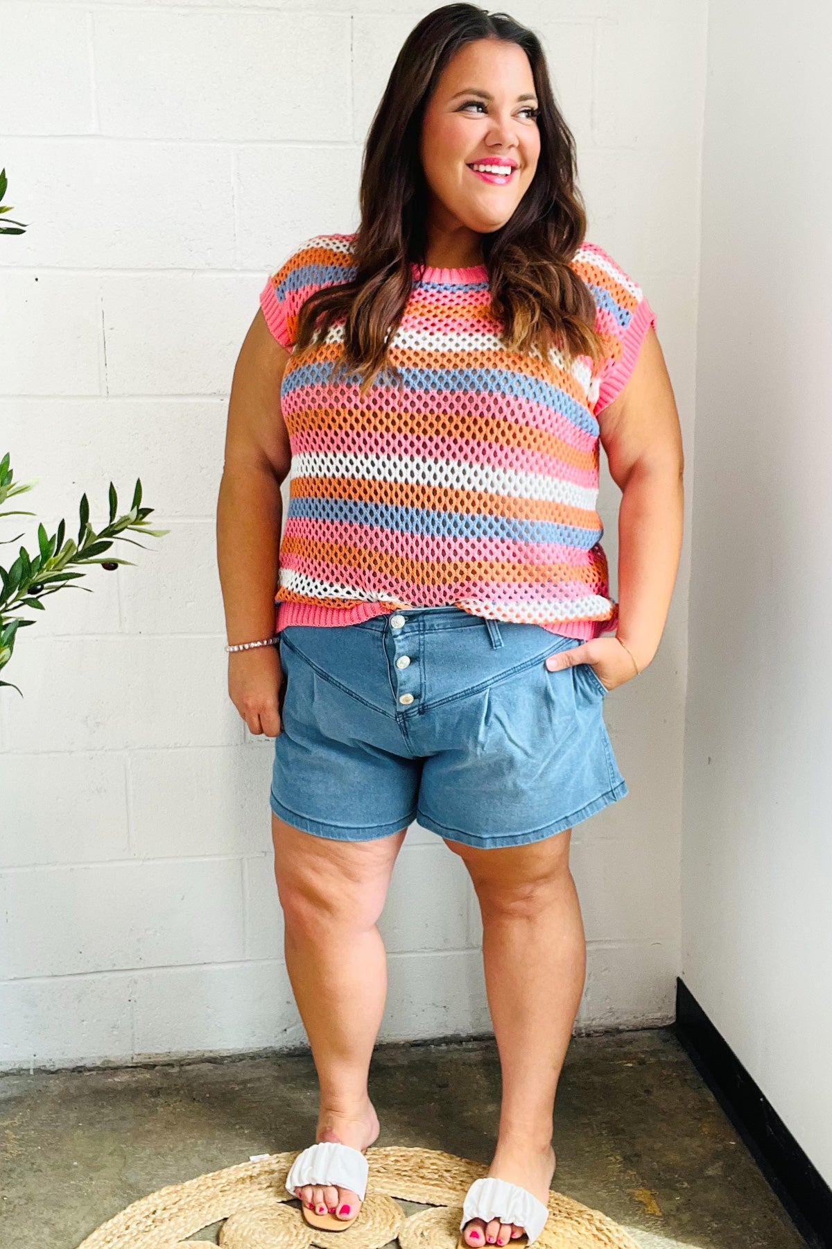 Pretty In Pink & Blue Striped Netted Crochet Dolman Sweater Top-2024 Summer Blow Out Sale-Modish Lily, Tecumseh Michigan