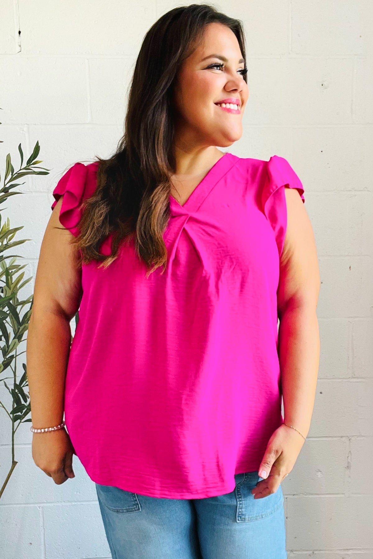 Summer Days Fuchsia Banded V Neck Flutter Sleeve Top-2024 Blow-Out Sale-Modish Lily, Tecumseh Michigan