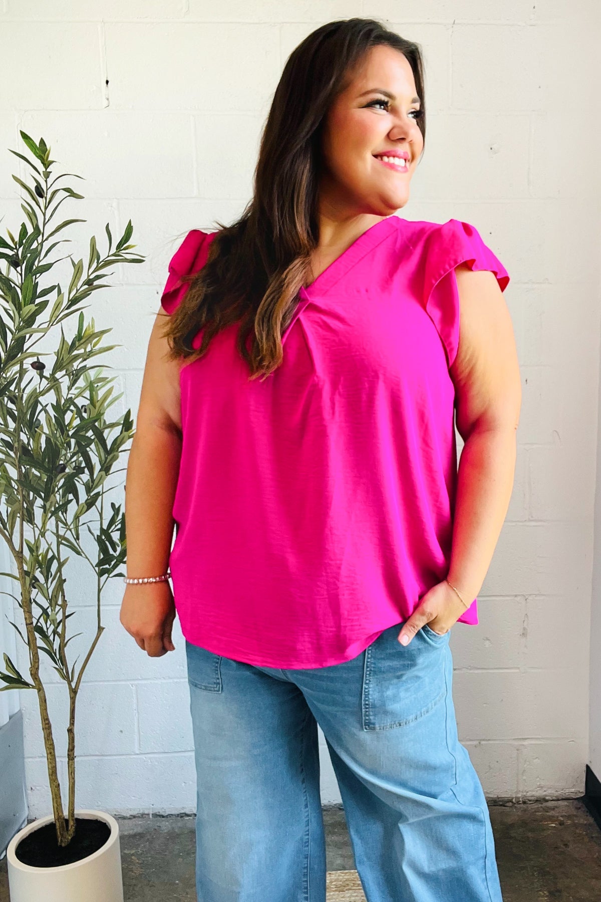 Summer Days Fuchsia Banded V Neck Flutter Sleeve Top-2024 Blow-Out Sale-Modish Lily, Tecumseh Michigan