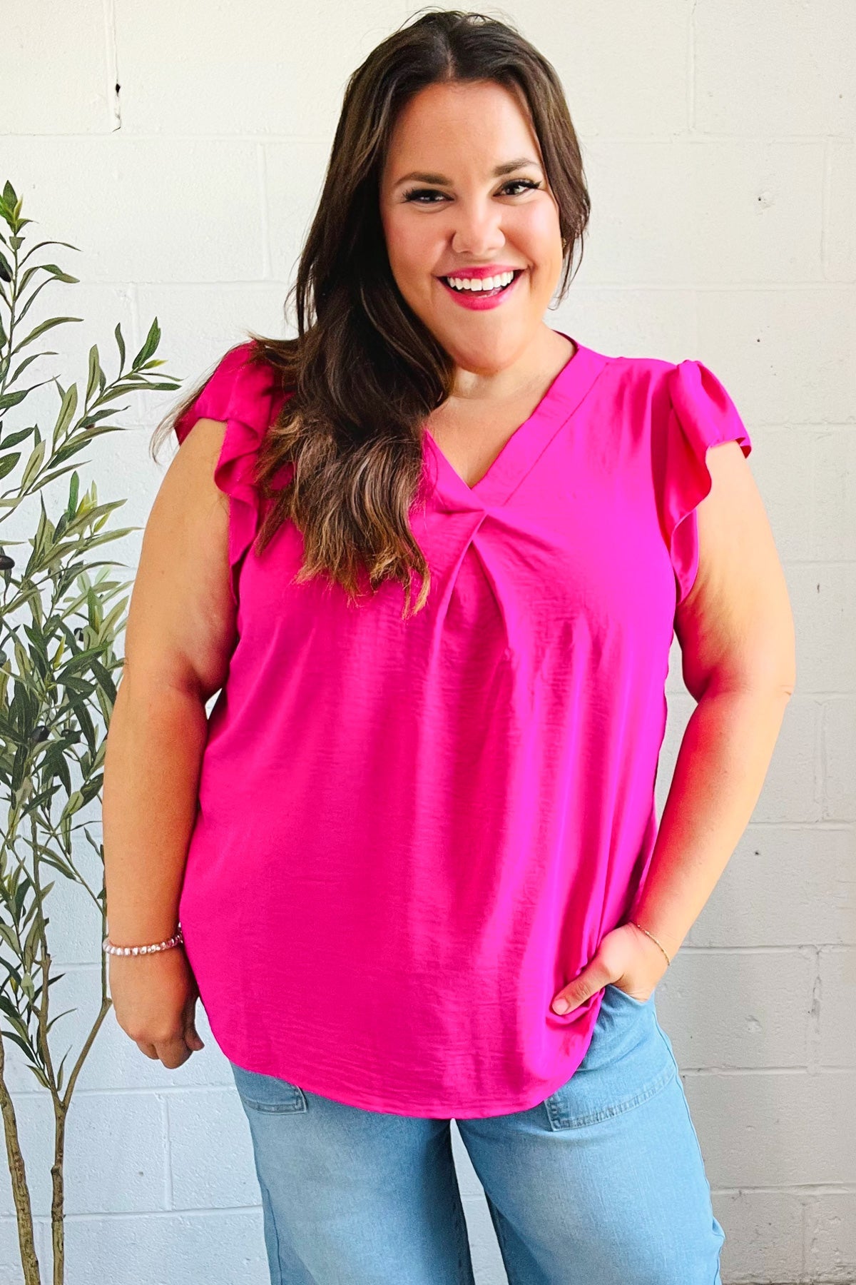 Summer Days Fuchsia Banded V Neck Flutter Sleeve Top-2024 Blow-Out Sale-Modish Lily, Tecumseh Michigan