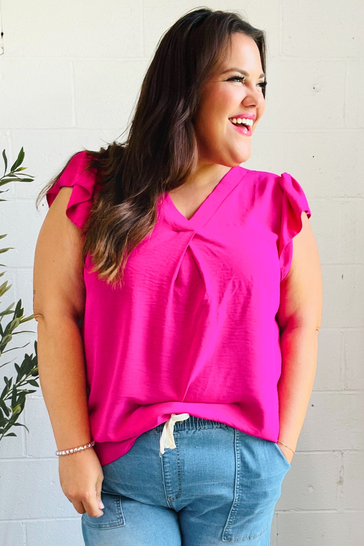 Summer Days Fuchsia Banded V Neck Flutter Sleeve Top-2024 Blow-Out Sale-Modish Lily, Tecumseh Michigan